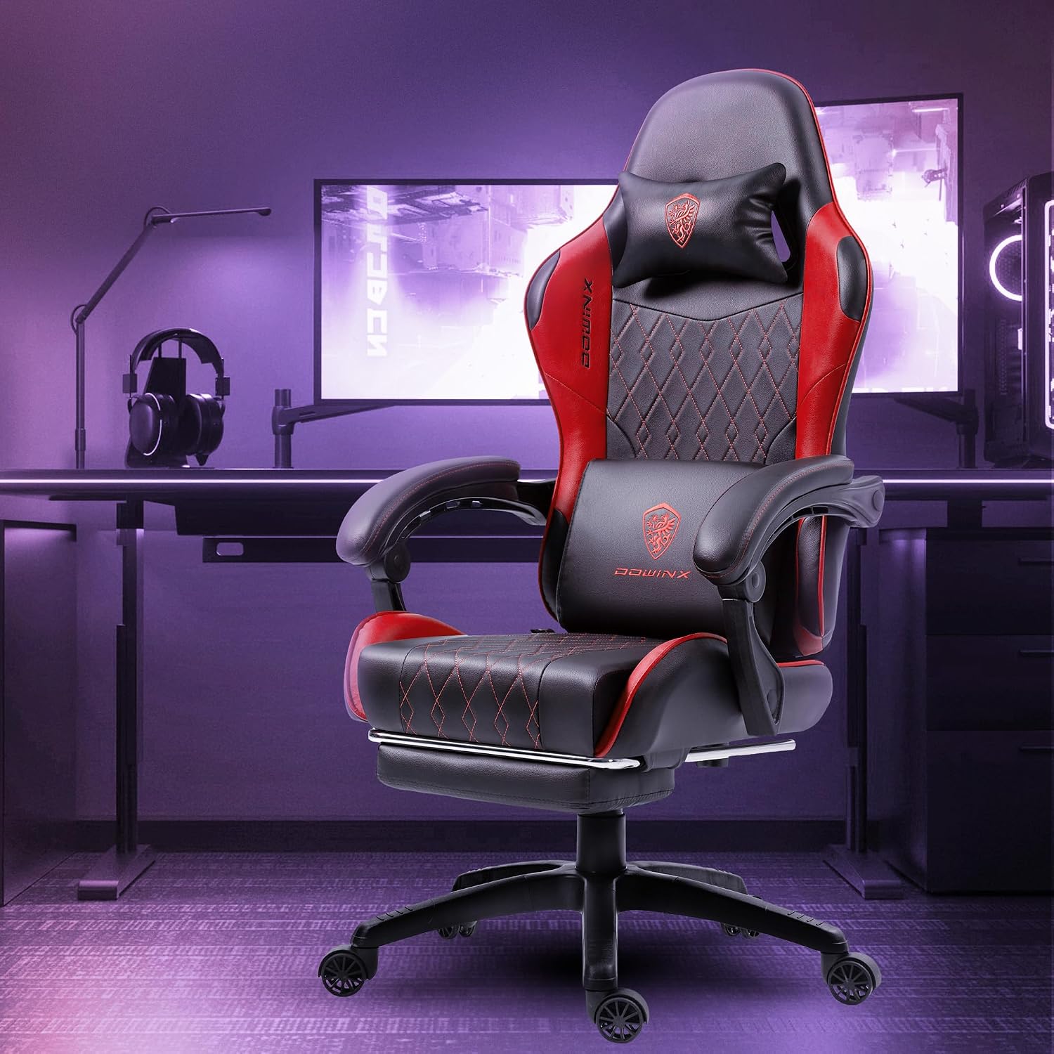 Dowinx Gaming Chair with Massage Lumbar Support and Footrest, Video Game Chair for Adults, Adjustable Ergonomic Gamer Chairs High Back with Pocket Spring Cushion, Swivel Recliner, Black and Red