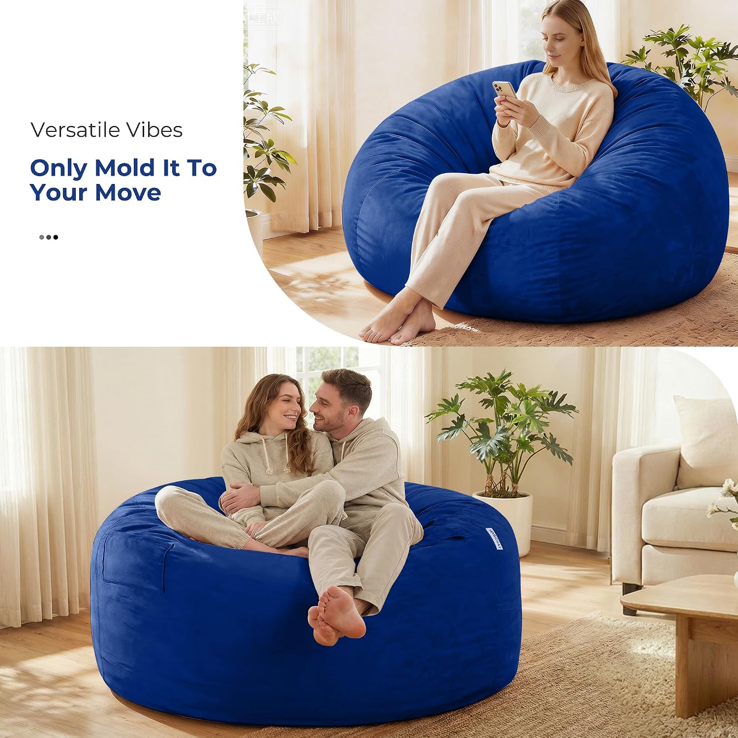 HABUTWAY Bean Bag Chair: Giant 6' Memory Foam Furniture Bean Bag Chair with Microfiber Cover - 6Ft,Blue