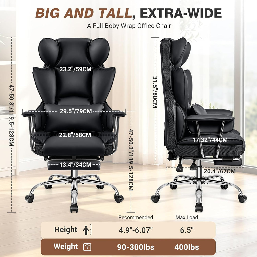 ALLGOD Office Chair Comfy, Big and Tall Executive Leather Chair, High Back Ergonomic Wide Chair with Footrest, Reclining Computer Desk Chair, Heavy Duty Gaming Chair with Padded Arm and Pillow, Black