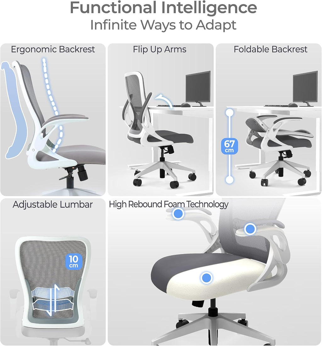 Tervo Model U | Folding Office Chair for Small Spaces | Gaming Chair for Adults & Kids | Ergonomic Mesh Computer Chair for Bedroom | Foldable Desk Chair for Home Work (White & Grey)