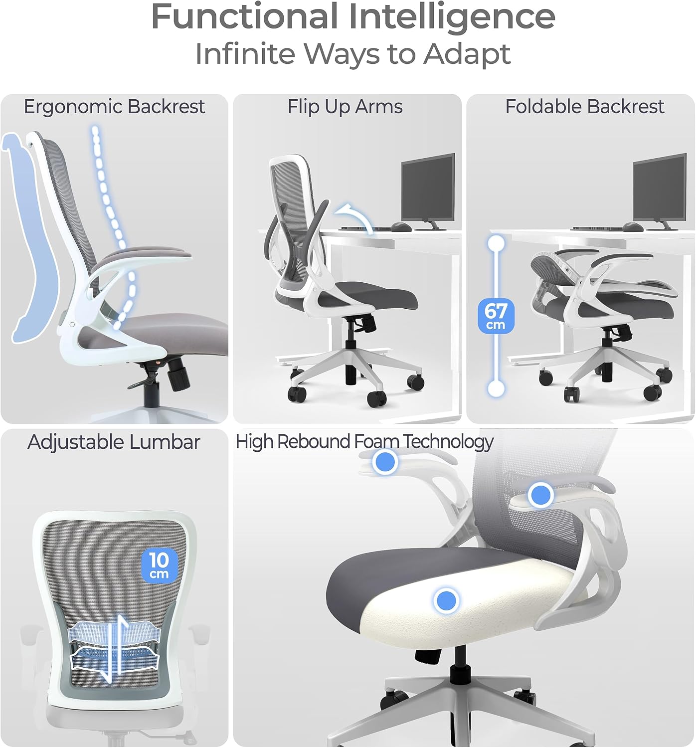 Tervo Model U | Folding Office Chair for Small Spaces | Gaming Chair for Adults & Kids | Ergonomic Mesh Computer Chair for Bedroom | Foldable Desk Chair for Home Work (White & Grey)