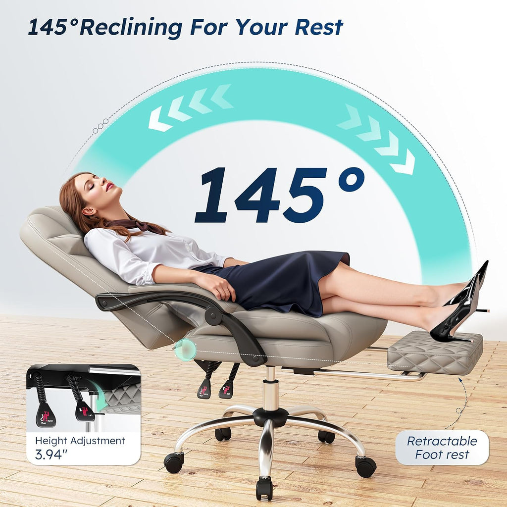 DurayLoly Big and Tall Office Chair 400lbs - Executive Ergonomic Desk Chair with Footrest, High Back Reclining Leather Chair with Lumbar Support for Home Office,Light Grey