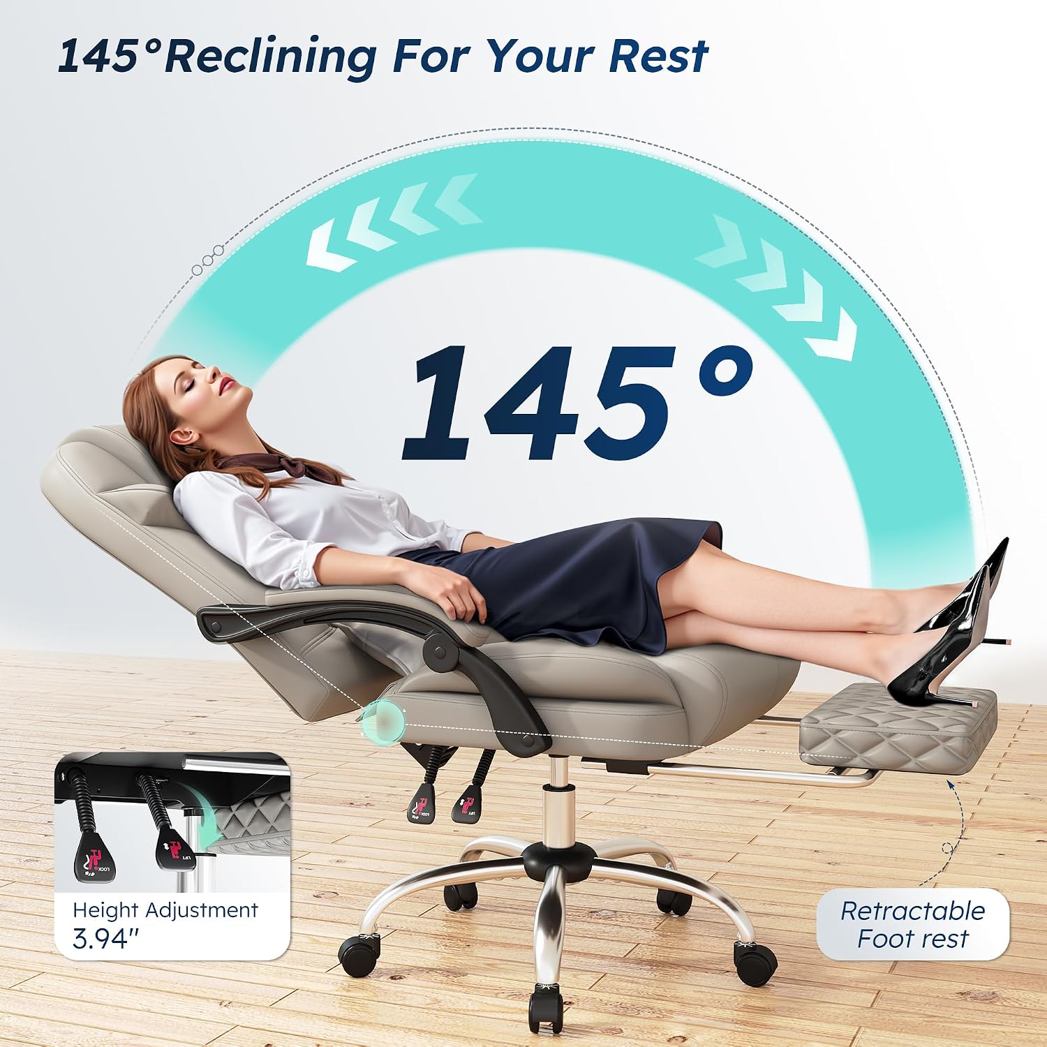 DurayLoly Big and Tall Office Chair 400lbs - Executive Ergonomic Desk Chair with Footrest, High Back Reclining Leather Chair with Lumbar Support for Home Office,Light Grey
