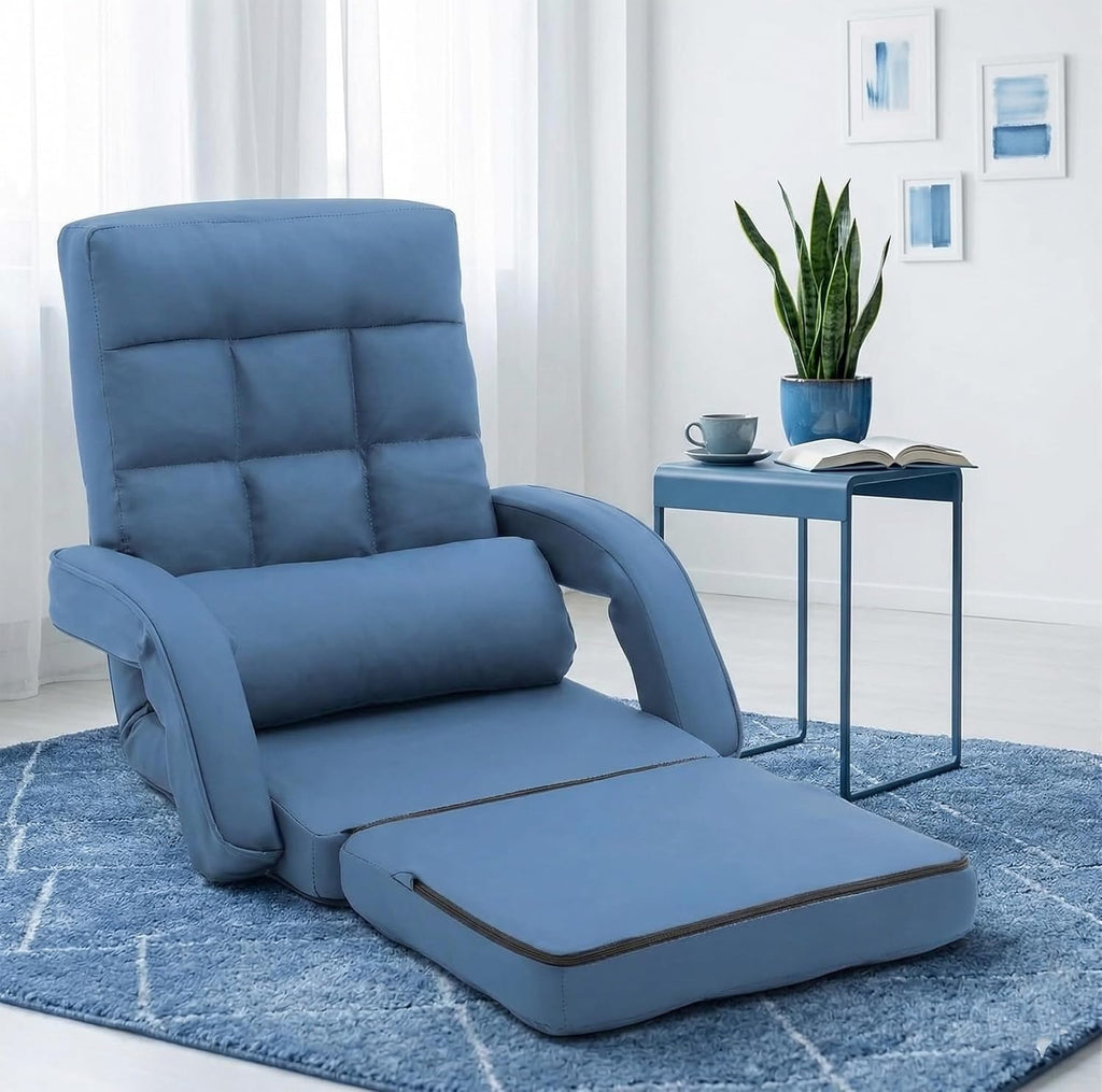 Floor Chair, Floor Gaming Chair with 14 Adjustable Position&Back Support, Folding Lounge Chair with Armrest for Adults, Lazy Sofa Lounger with Comfy Cushion for Living Room,Bedroom,PU,Blue