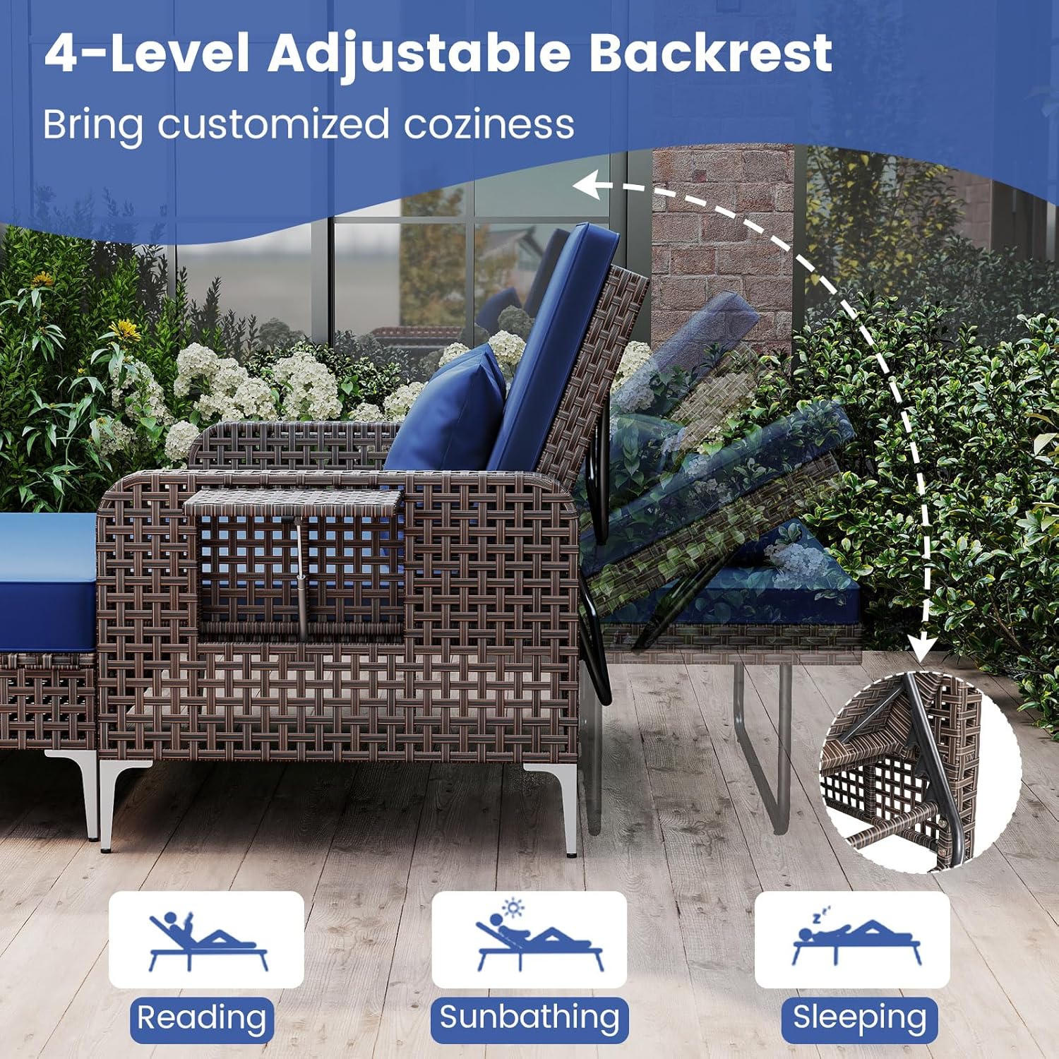 Tangkula Patio Rattan Daybed with 4-Level Adjustable Backrest, Boho Outdoor Wicker Loveseat & Storage Ottoman with Cushion, 2-Person Sun Lounger with Folding Tables for Poolside, Backyard & Garden