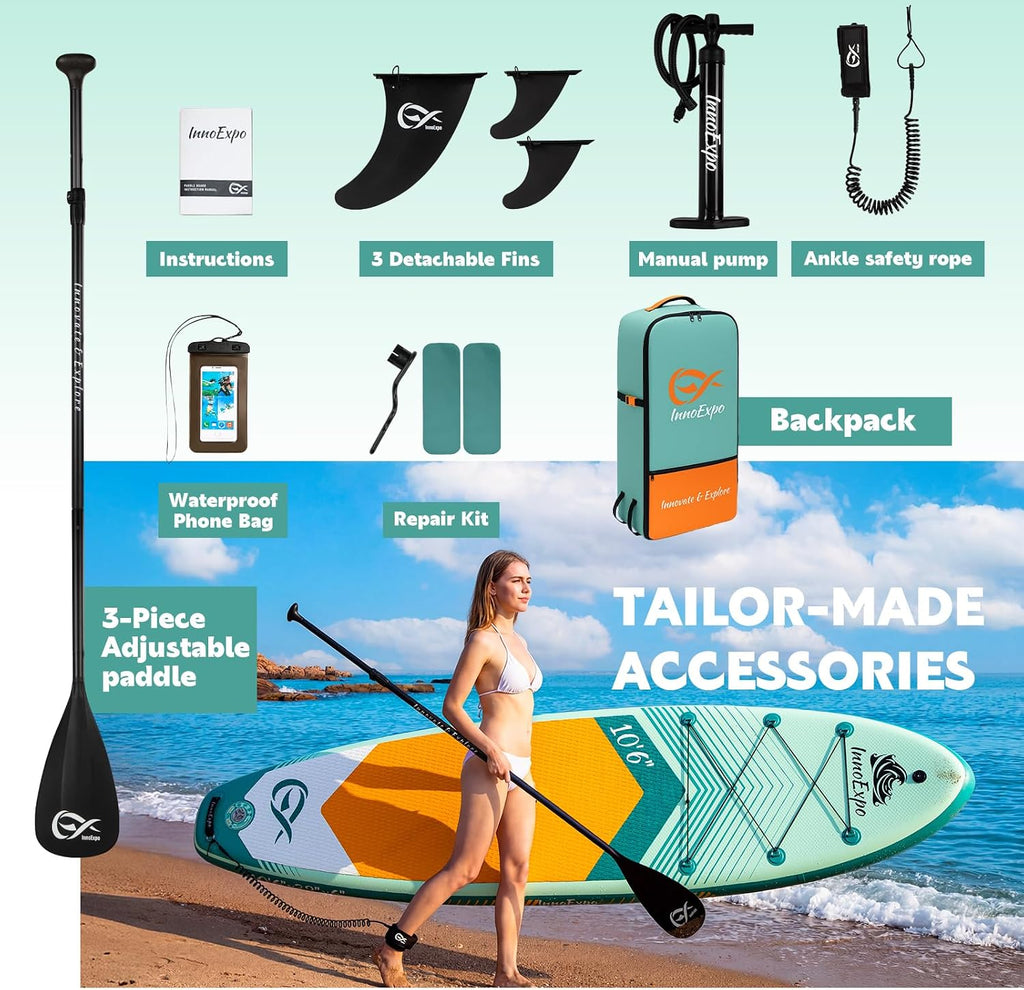 InnoExpo Inflatable Stand Up Paddle Boards with Premium Accessories, Wide Stable SUP Paddle Board Design, Non-Slip Comfort Deck for Youth & Adults
