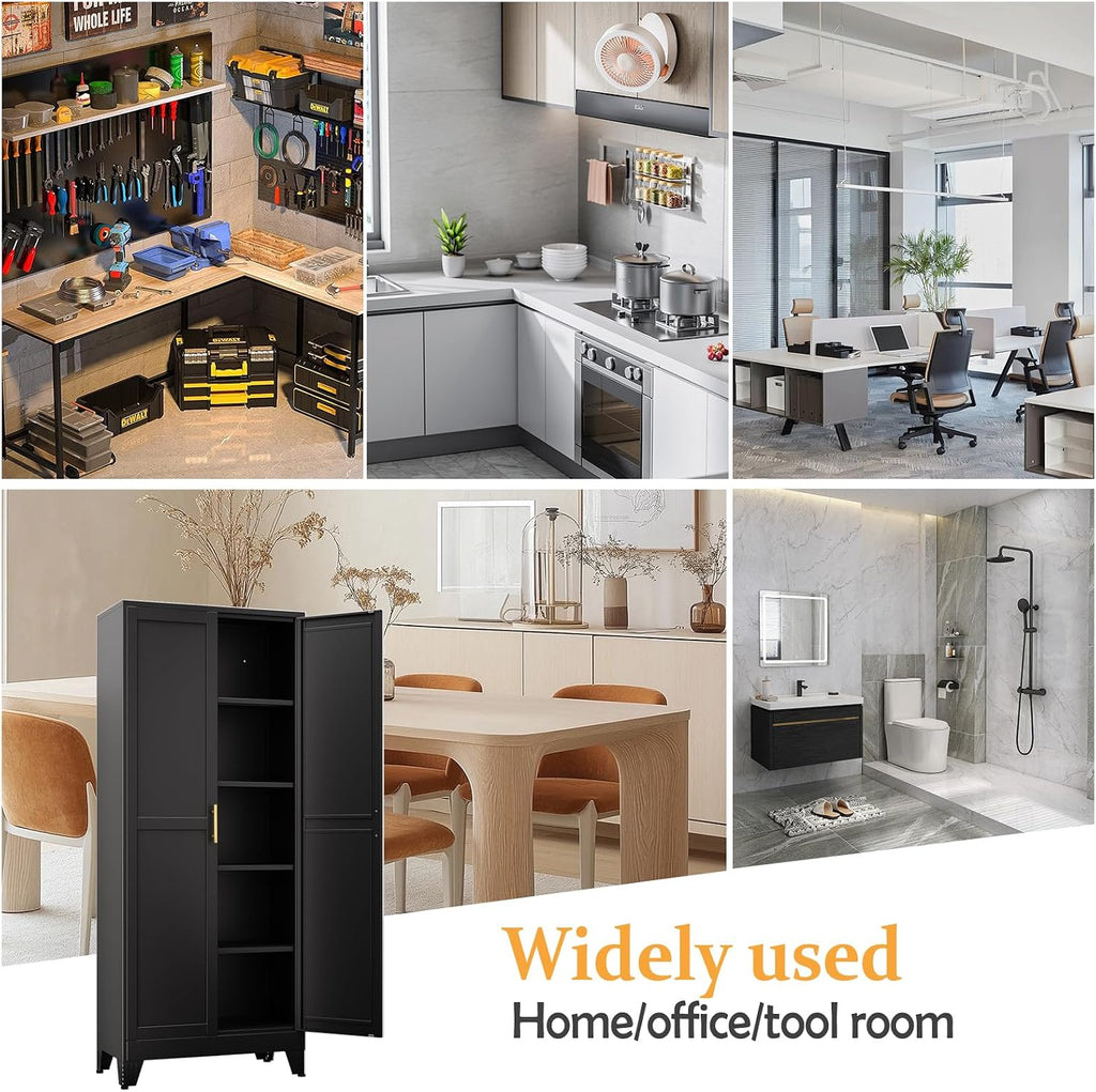 Black Pantry Storage Cabinet,71' Kitchen Pantry with Doors and 4 Adjustable Shelves, Metal Storage Cabinet, for Office, Home, Garage, School