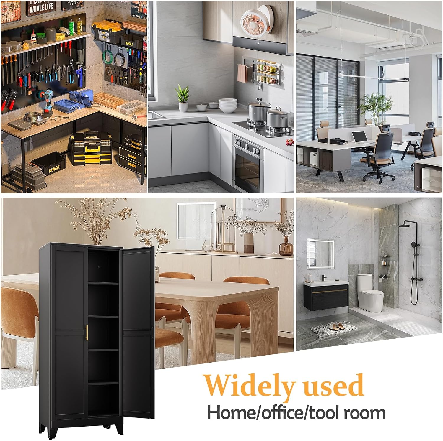 Black Pantry Storage Cabinet,71' Kitchen Pantry with Doors and 4 Adjustable Shelves, Metal Storage Cabinet, for Office, Home, Garage, School