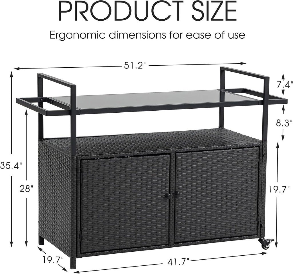 HOMEFUN Outdoor Bar Cart Table - Patio Console Storage Cabinet BBQ Grill Carts Buffet with Wheels Waterproof Wicker Serving Tables for Outside, Black