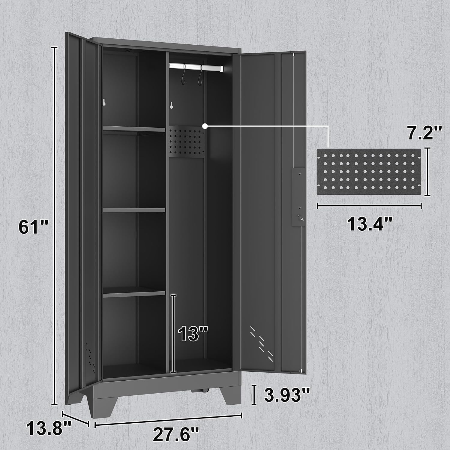 OSEILLC Metal Storage Cabinet with Locking Doors, 61' Tall Garage with Hanging Rod, Broom Closet, Freestanding Bathroom Storage Cabinet, Cleaning Tool,Utility Cabinets for Storage Locker,Black
