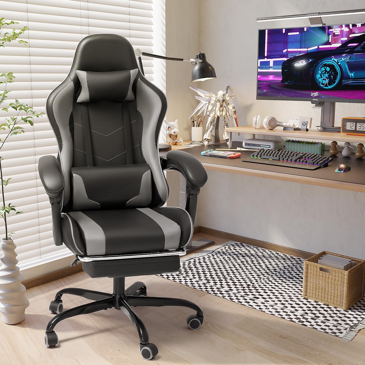 Shahoo Gaming Chair with Footrest and Massage Lumbar Support, Video Racing Seat Height Adjustable with 360°Swivel and Headrest for Office or Bedroom, Grey