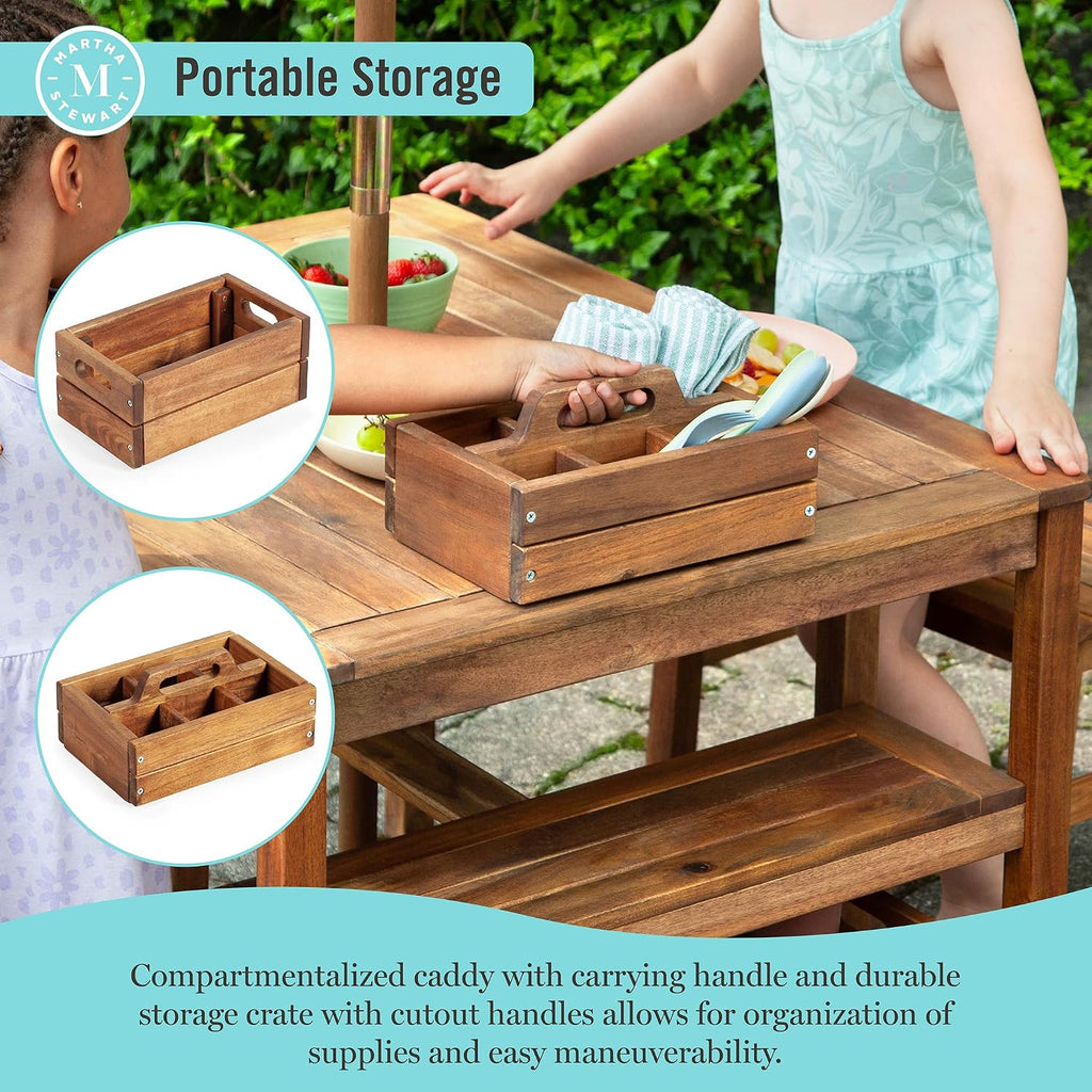 Martha Stewart Kids Outdoor Craft Table, Benches & Umbrella Set: Acacia Wood Activity Desk w/Crate, Caddy, Storage Shelves | Kids Play & Picnic Table w/Benches & Umbrella for Backyard, Patio, Garden