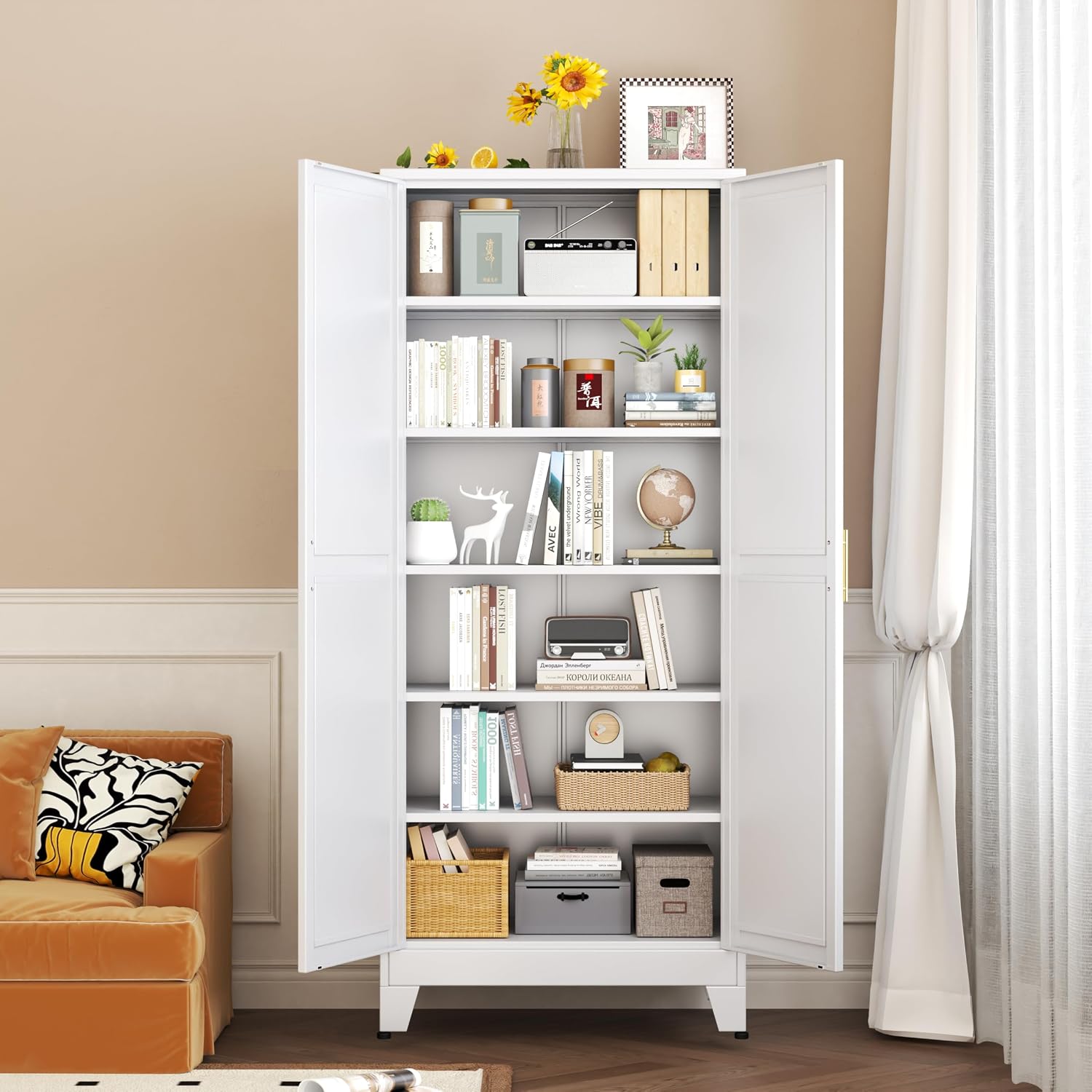 pozdeg 75' Tall Pantry Cabinet, Metal Kitchen Storage Cabinet with 2 Doors and 5 Adjustable Shelves, White Storage Cabinet Cupboard for Kitchen, Dining Room, Living Room and Bathroom (White)