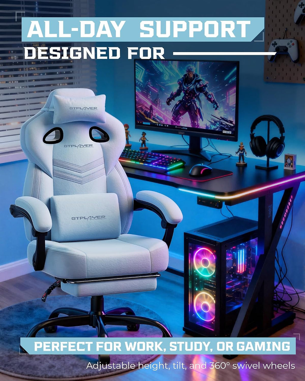 GTPLAYER Gaming Chairs for Adult - Ergonomic Big & Tall Gaming Seat with Footrest & Lumbar Support, Comfortable Office Chair 90-155° Reclining - Heavy Duty Wide Computer Seat, Blue
