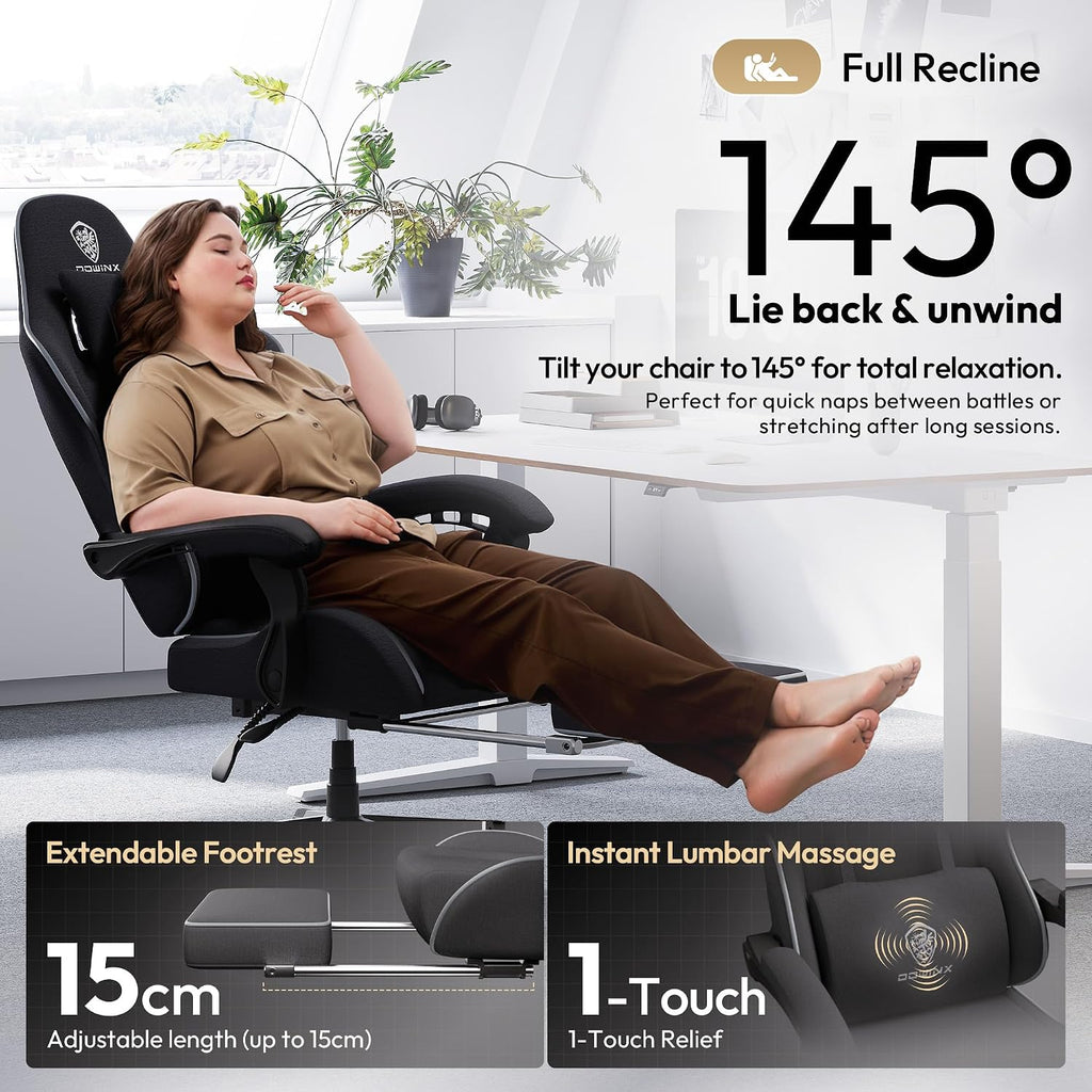 Dowinx Gaming Chair Fabric Big and Tall with Pocket Spring Cushion, Massage Game Chair Cloth with Headrest, Ergonomic Computer Chair with Footrest 350LBS, Black