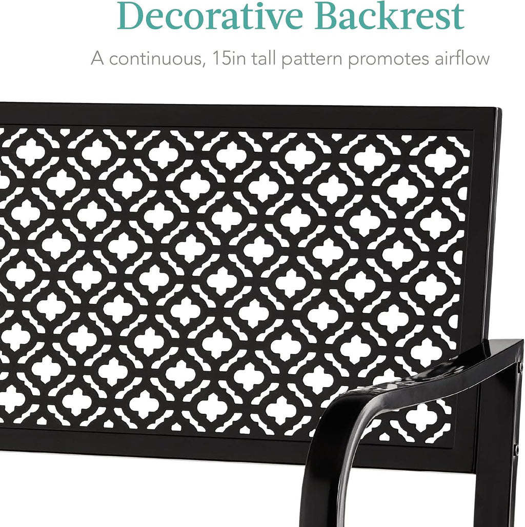 Best Choice Products Outdoor Bench 2-Person Metal Steel Benches Furniture for Garden, Patio, Porch, Entryway w/Geometric Backrest, 790lb Capacity – Black