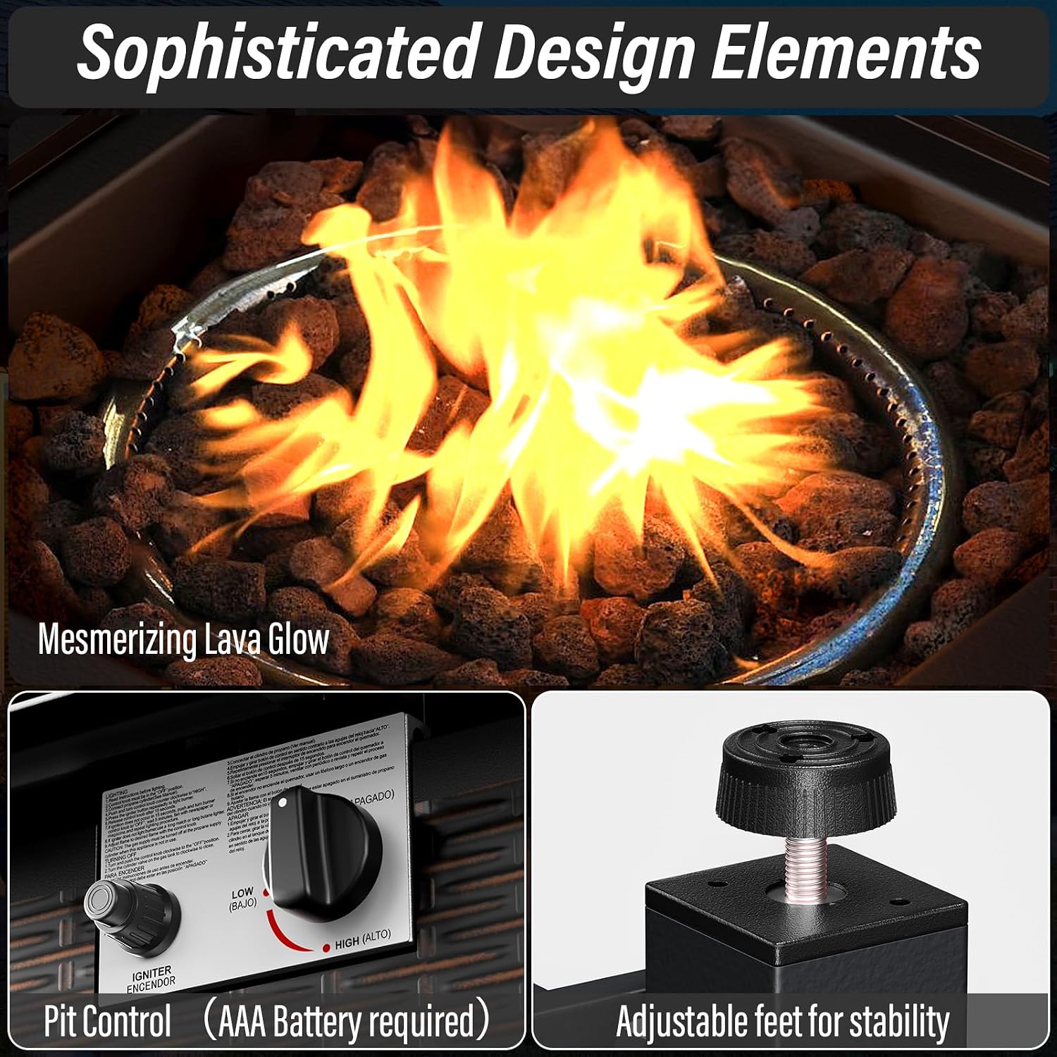 Belord 5 Pieces Patio Furniture Set with 30' Propane Fire Pit Table, Deep Seating Swivel Rocker Glider Outdoor Chairs Set of 4 with Side Table Set of 2 Patio Conversation Set Black Wicker