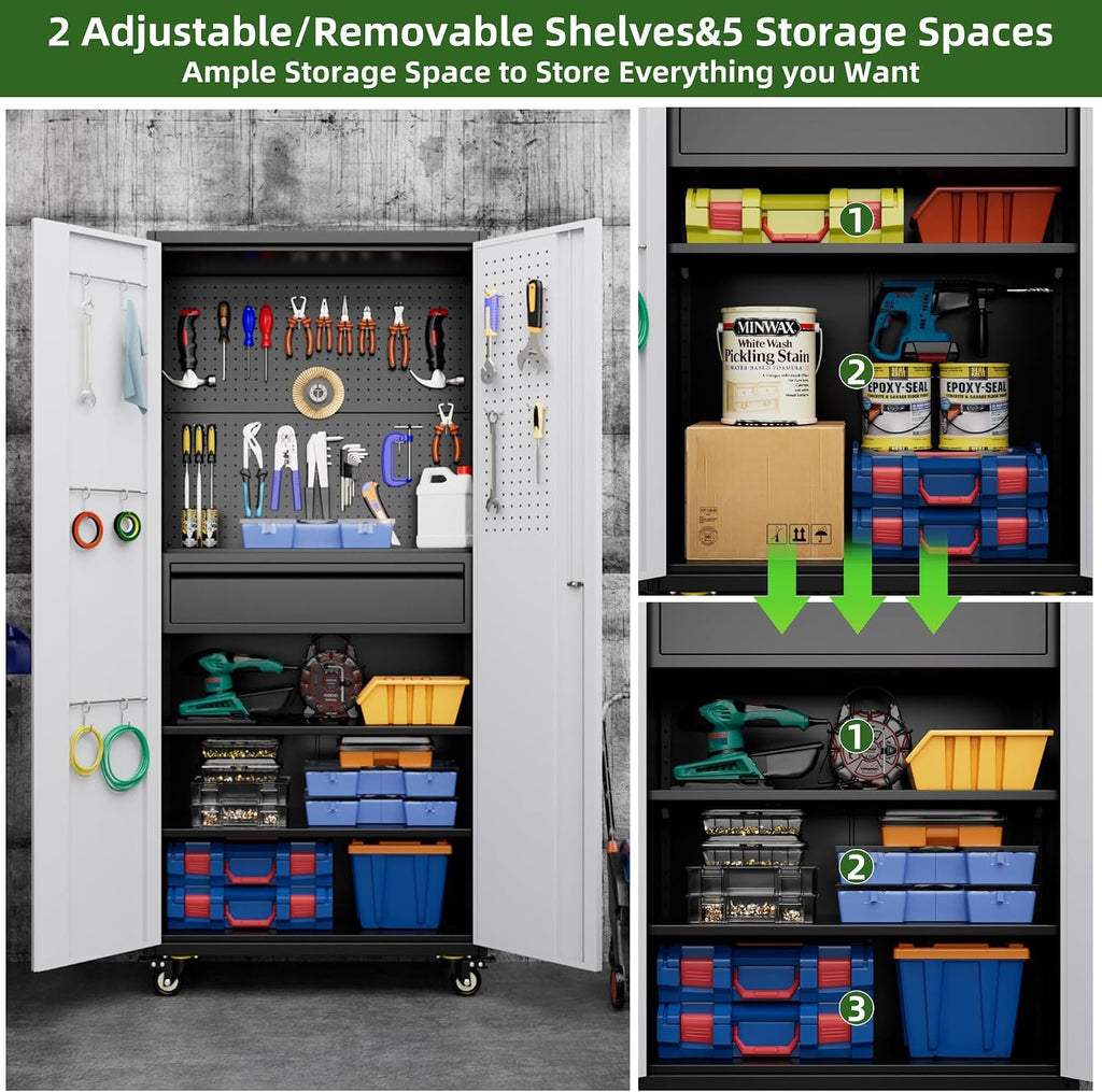 Aobabo Garage Storage Cabinet with Wheels, Metal Storage Cabinet with 1 Drawer for Home, Garage, Assembly Required, Black & Grey
