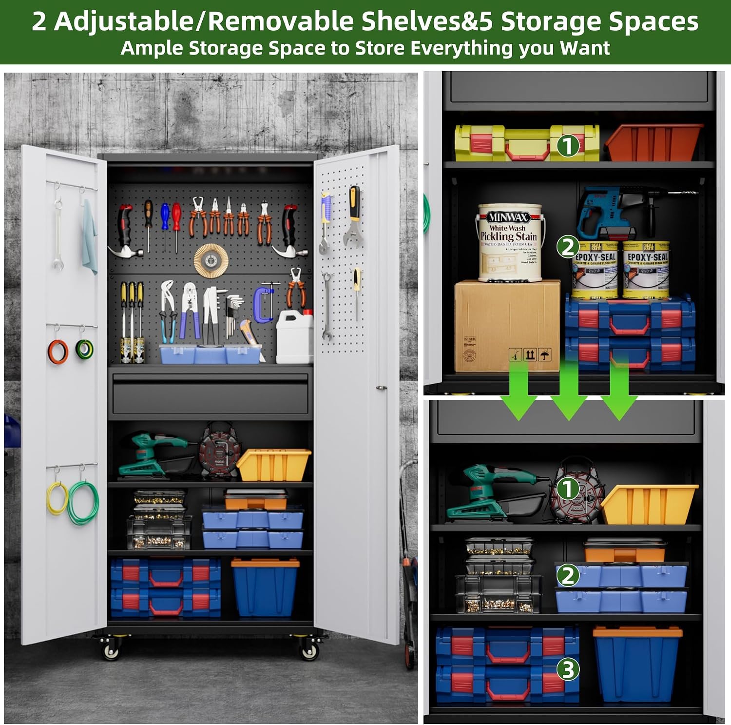 Aobabo Garage Storage Cabinet with Wheels, Metal Storage Cabinet with 1 Drawer for Home, Garage, Assembly Required, Black & Grey