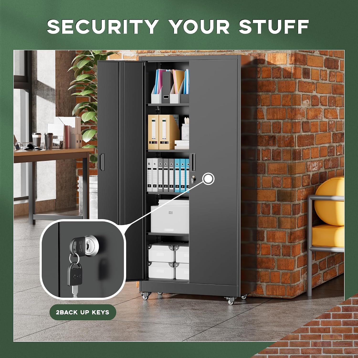 Greenvelly Metal Storage Cabinet with Wheels, 73' Black Lockable Rolling Storage Cabinets with Doors and 4 Adjustable Shelves, Large Steel Cabinet for Garage, Office, Home, School