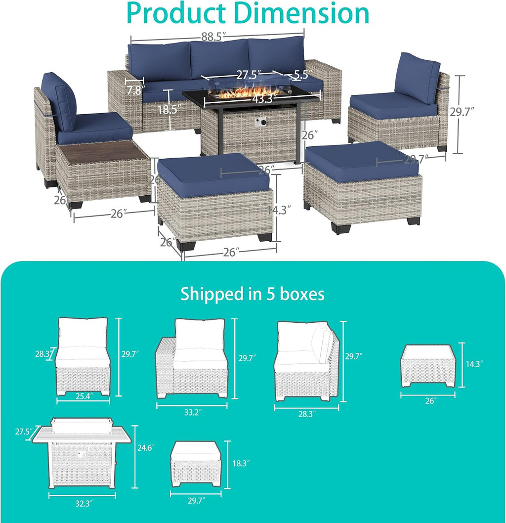 9-Piece Outdoor Patio Furniture Set with 55,000 BTU Fire Pit Table, PE Wicker Rattan Sectional Sofa Patio Conversation Set with Ottomans & Coffee Table, Dark Blue