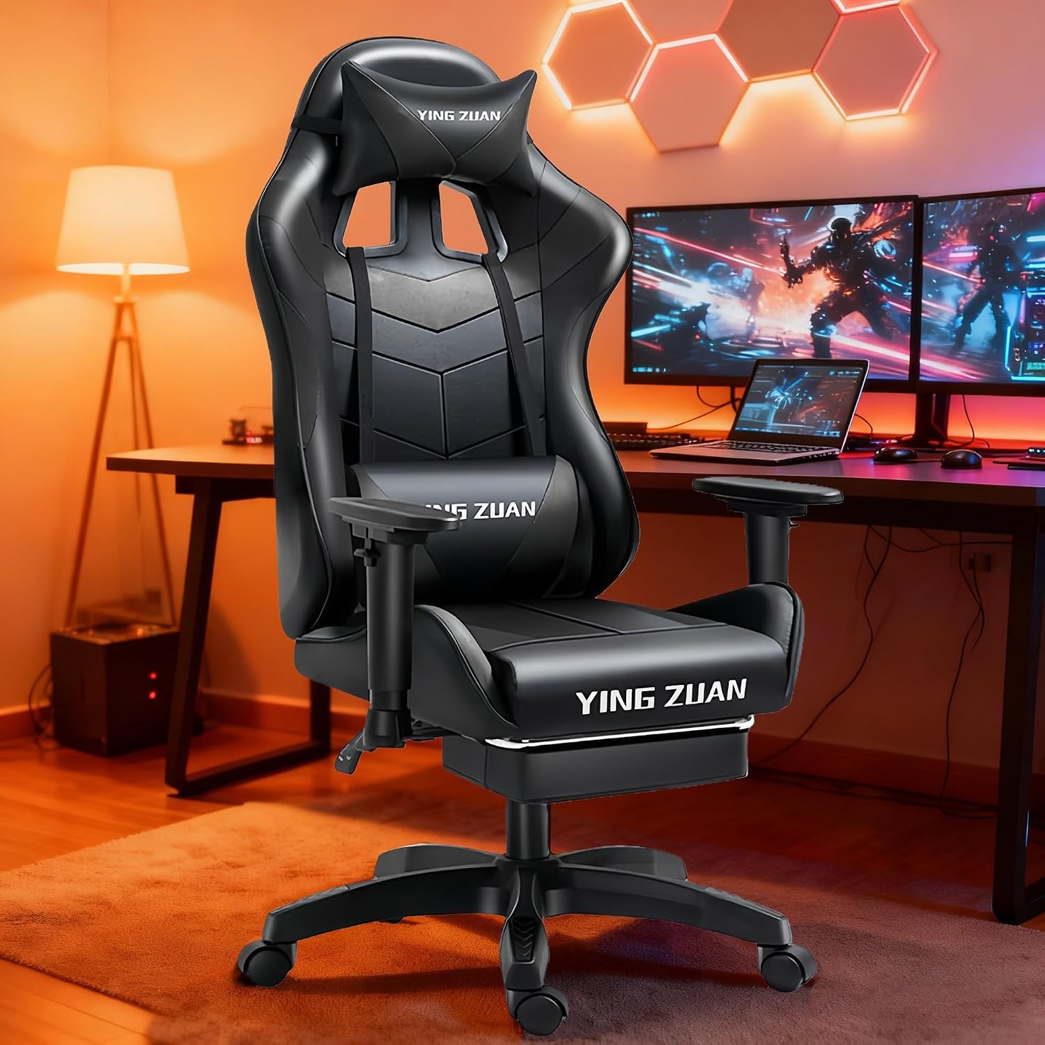 Video Gaming Chair with Speakers, PU Leather Office Chair with Massage Lumbar Pillow & Footrest, Latex Reclining Desk Chair with Adjustable Rotating Armrests for Adults(Black)