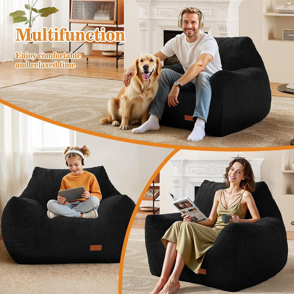 Big Bean Bag Chair for Adults, Ultra Soft Living Room Bean Bag with Armrests, Stuffed BeanBag Chair for Napping, Gaming, Vacuum-Compressed for Easy Gifting, 48 Hours to Fluffs Up, Black