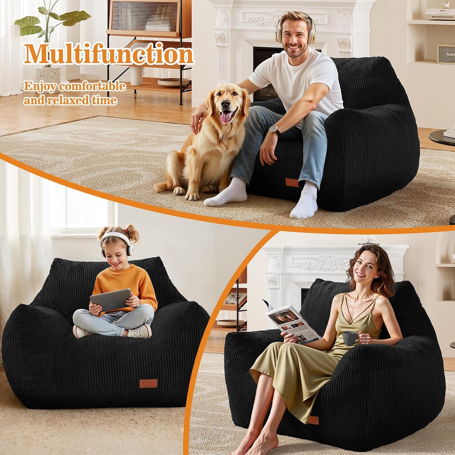 Big Bean Bag Chair for Adults, Ultra Soft Living Room Bean Bag with Armrests, Stuffed BeanBag Chair for Napping, Gaming, Vacuum-Compressed for Easy Gifting, 48 Hours to Fluffs Up, Black