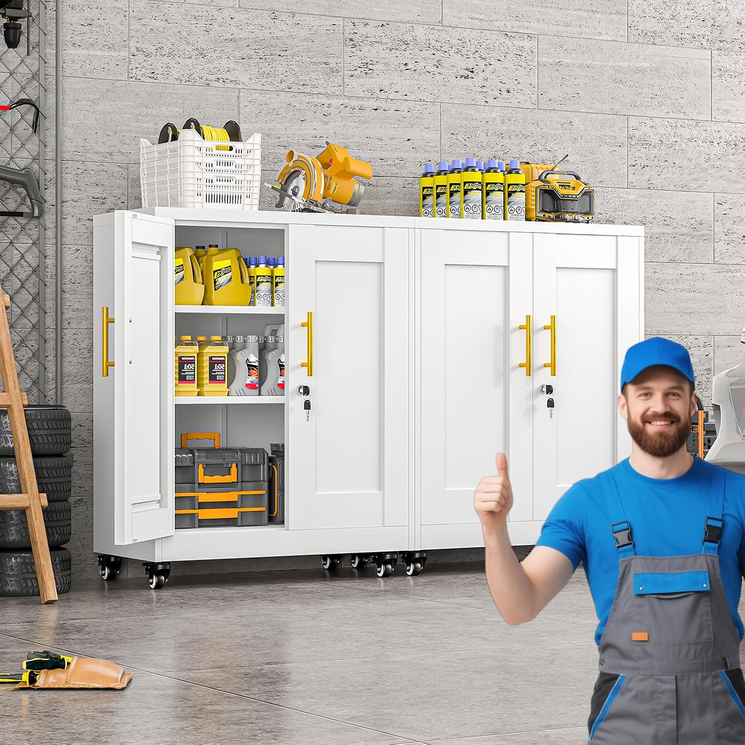 35.4' Metal Garage Storage Cabinet with Wheels and Locking Doors and Tall Rolling Steel Tool Cabinet with 2 Adjustable Shelves for Garage,Home,Office,Shop (White, 35.4''H x 27.6''W x13.8''D)