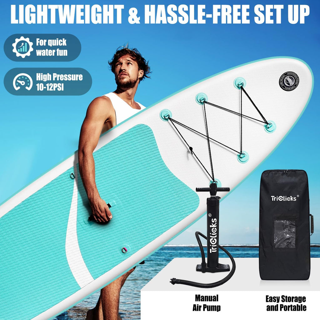 Triclicks Inflatable Stand Up Paddle Board 10ft Surfing Board Kit for Adults, Premium SUP Complete Kit with Adjustable Paddle Hand Pump Fin Leash Backpack
