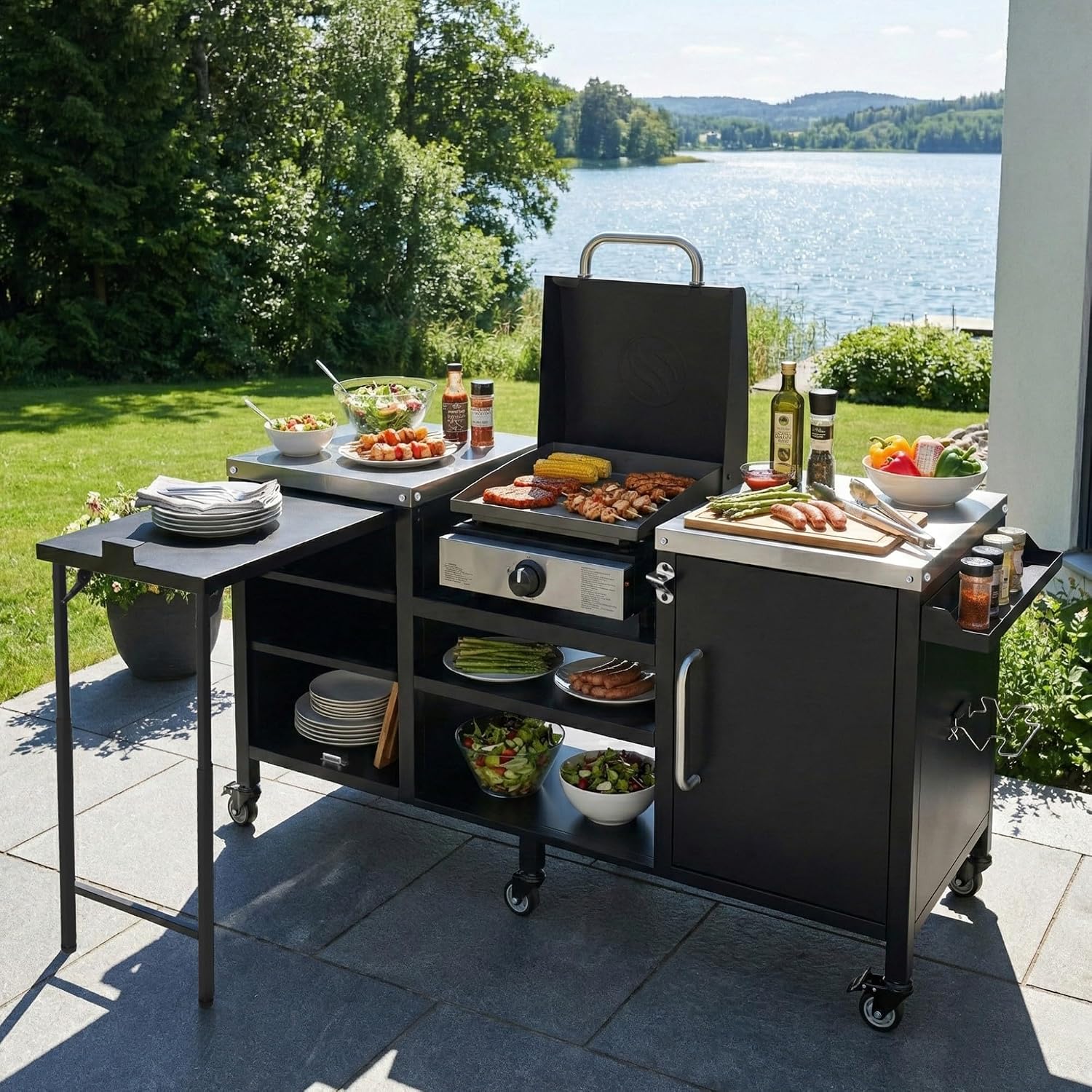 Merax 72.4' Large Grill Table for Large Big Green Egg, Metal Outdoor Grill Cart with Fold-Out Prep Table, Adjustable Shelves, Spice Rack, Outdoor Kitchen Island for Big Green Egg, Kamado Joe Classic