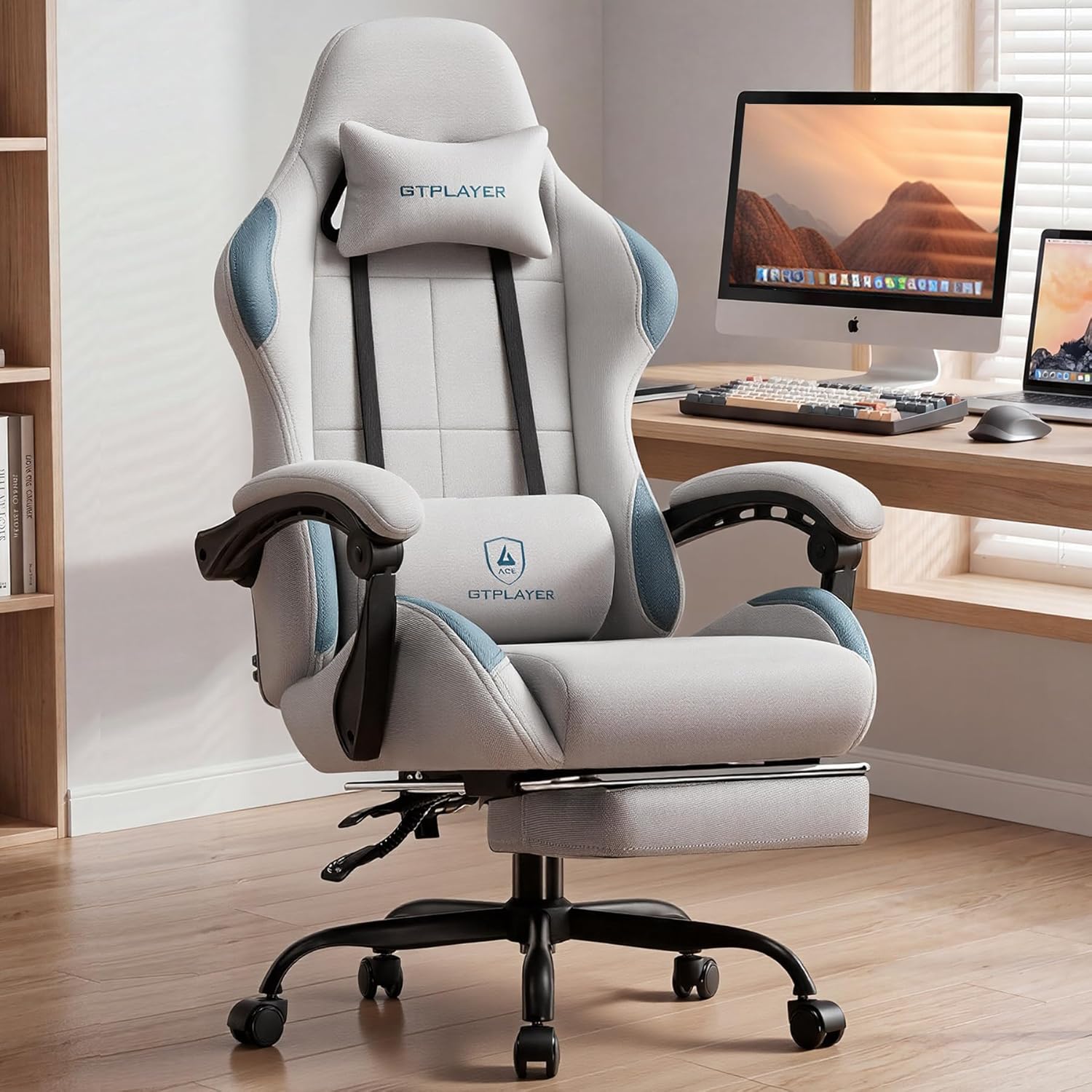 GTPLAYER Gaming Chair Fabric with Pocket Spring Cushion,Computer Office Chair with Lumbar Support for Adults Linkage Armrests and Footrest Ergonomic Gamings Chairs Height Adjustable LightGray