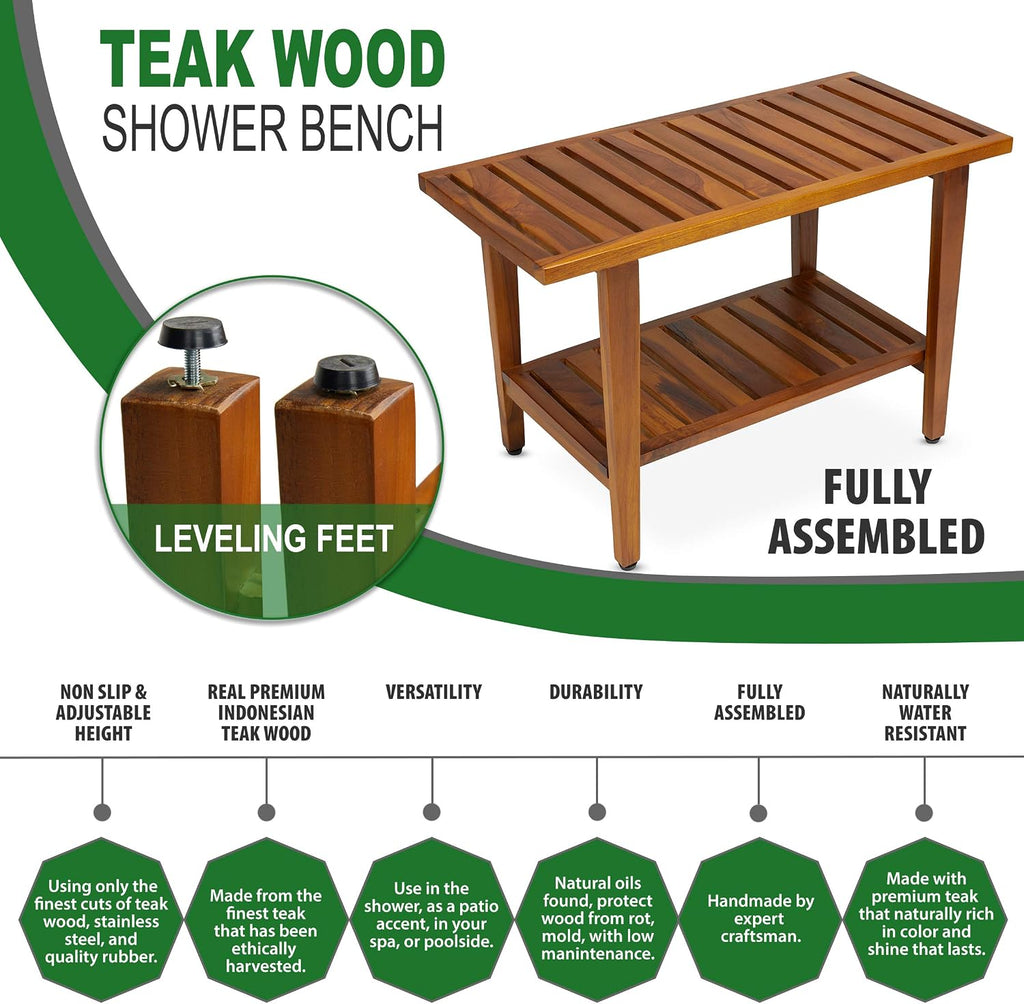 TeakCraft Teak Shower Bench with Shelf 30 inch Wood Spa & Shower Stool - Fully Assembled, The Liv