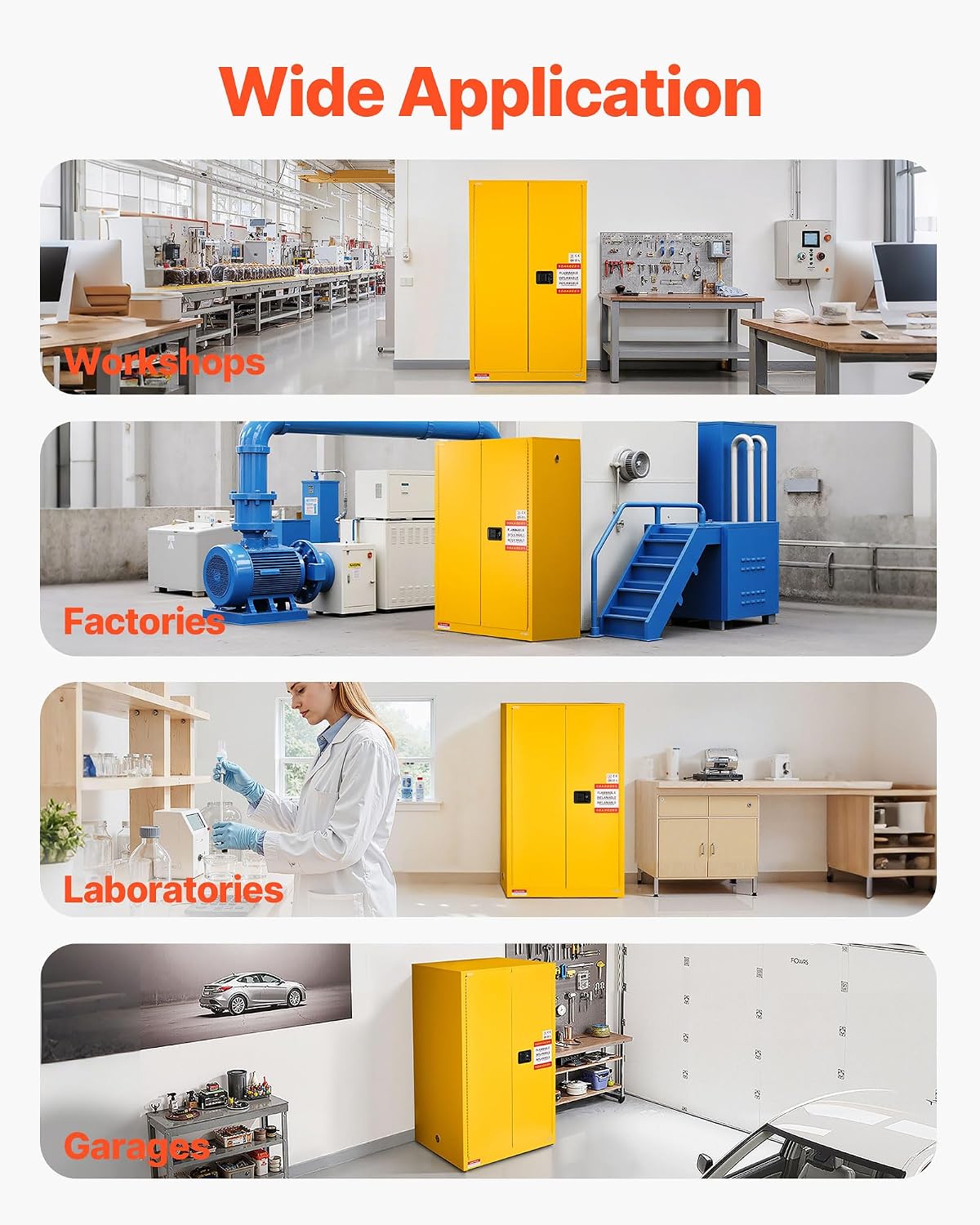 VEVOR Flammable Cabinet 34' x 38' x 65', 65 Gallon Flammable Storage Cabinet with Adjustable Shelf, Cold-Rolled and Galvanized Steel Fire Cabinets, for Commercial Industrial Home Use, Yellow