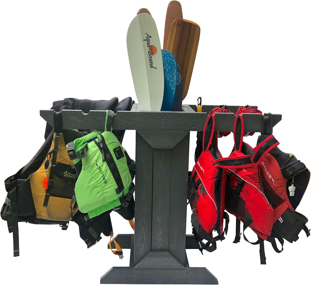 Recycled Poly PFD and Paddle Storage Rack - Freestanding - For Garage, Boat House or Dock - Kayak, SUP and Canoe Accessories – Indoor or Outdoor Storage