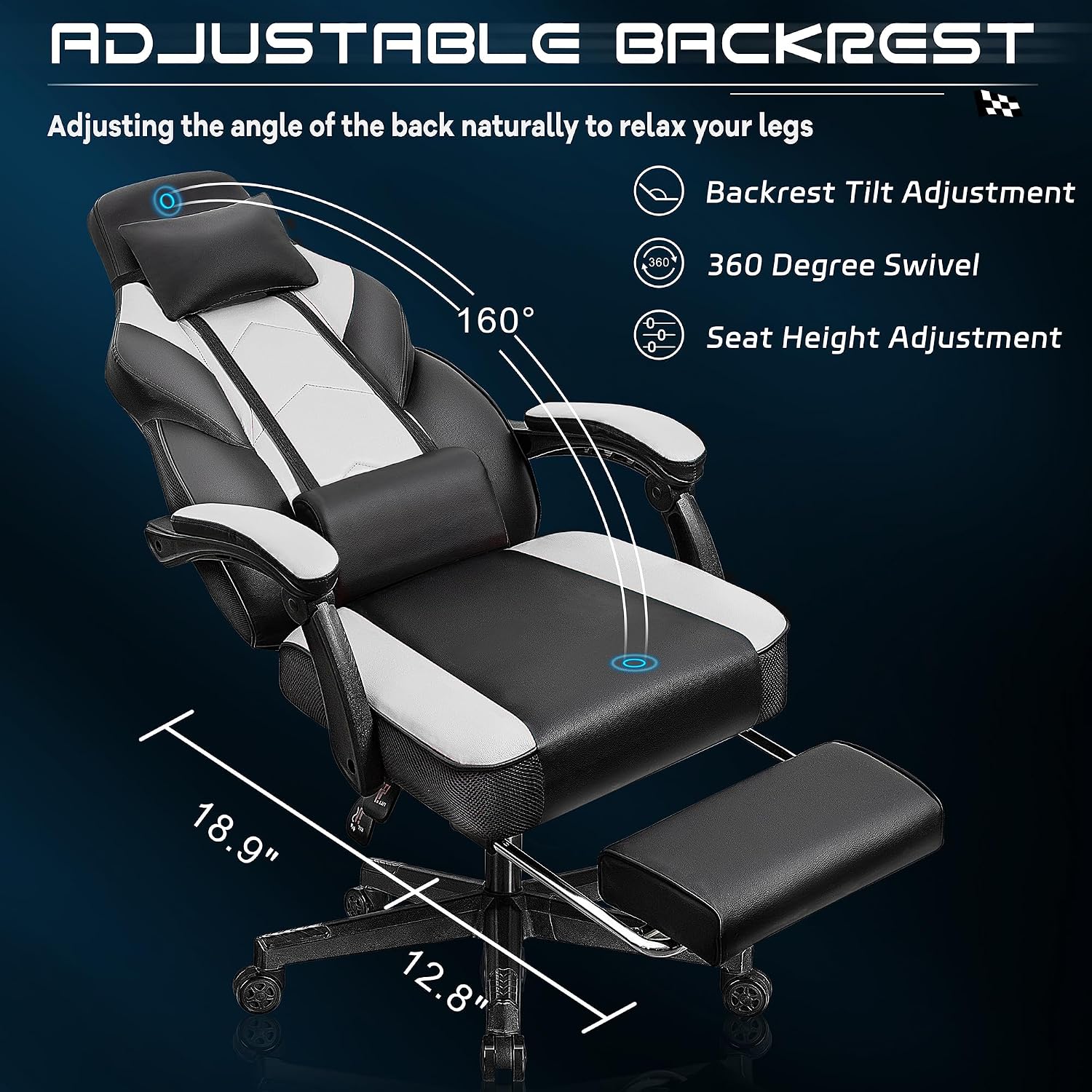 Gaming Chair for Adults, Gaming Chairs with Footrest, Ergonomic Video Game Chair with Massage Lumbar Big and Tall Computer Chair, Height Adjustable with Headrest and 360° Swivel Seat, White