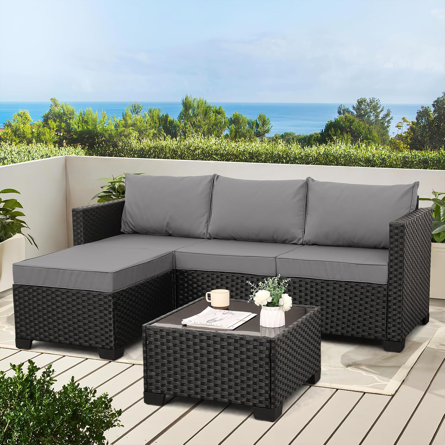 Oasishine Wicker Patio Furniture Patio Couch 3 Pieces Outdoor Sectional with Ottoman and Outdoor Glass Table Weathering Anti-Slip Cushions Furniture Covers, Light Grey