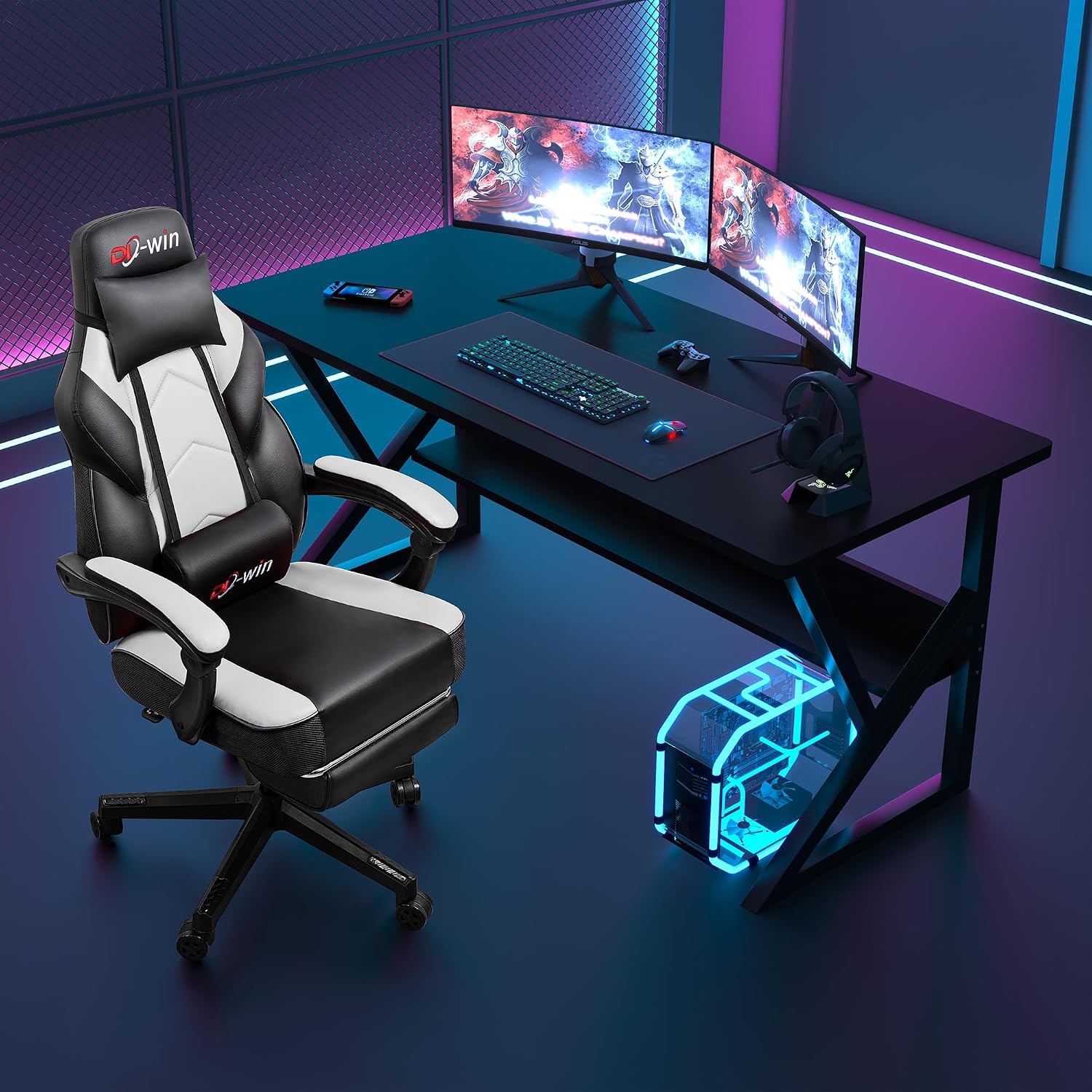 Gaming Chair with Footrest & Lumbar Support, Ergonomic Racing Style Computer Chair, 360° Swivel Height Adjustable Video Game Chair, Massage Office Chair Gaming Equipment, White