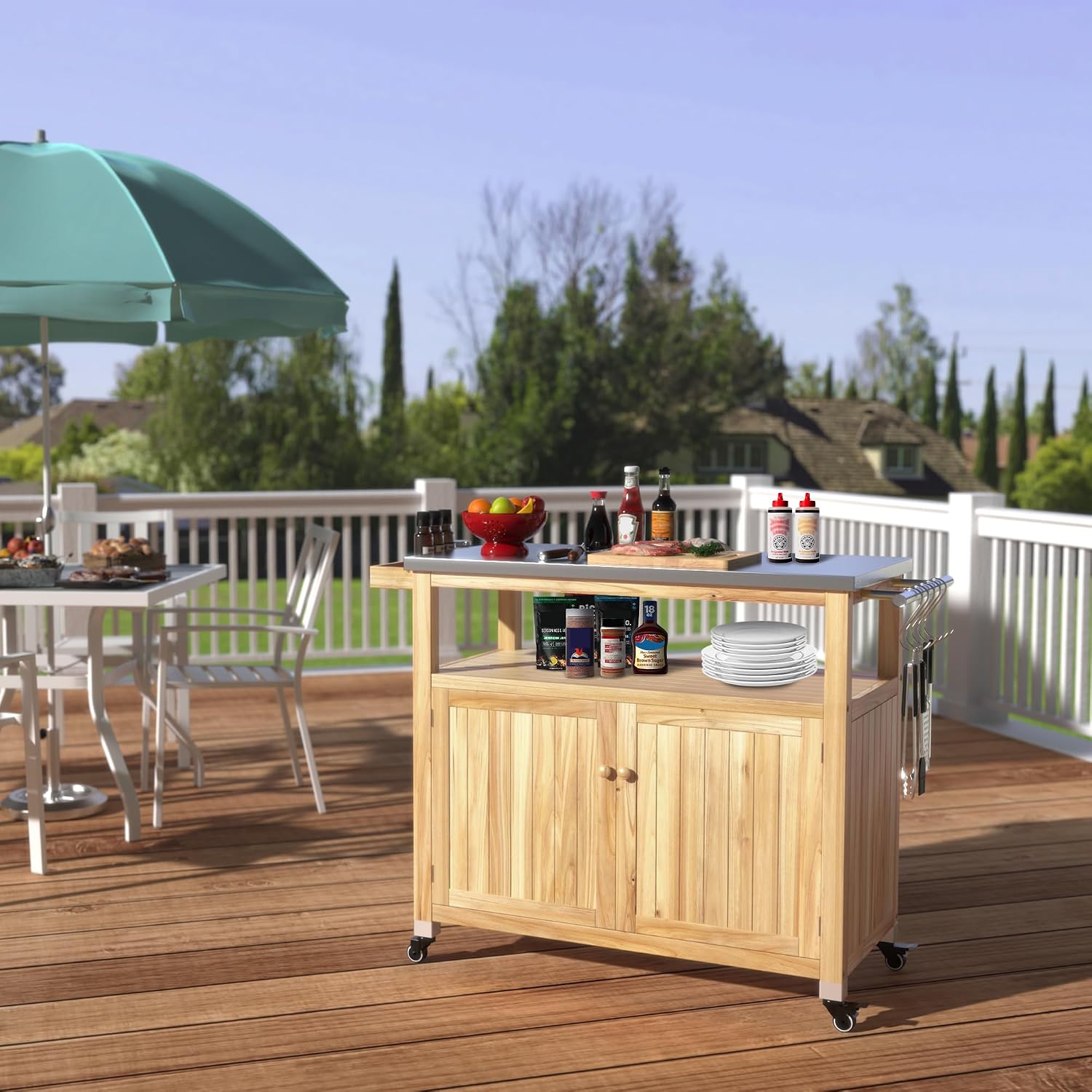 GDLF Outdoor Storage Cabinet Wood Outdoor Kitchen Prep Grill Table with Stainless Steel Top Waterproof Cover (Natural Wood Color)