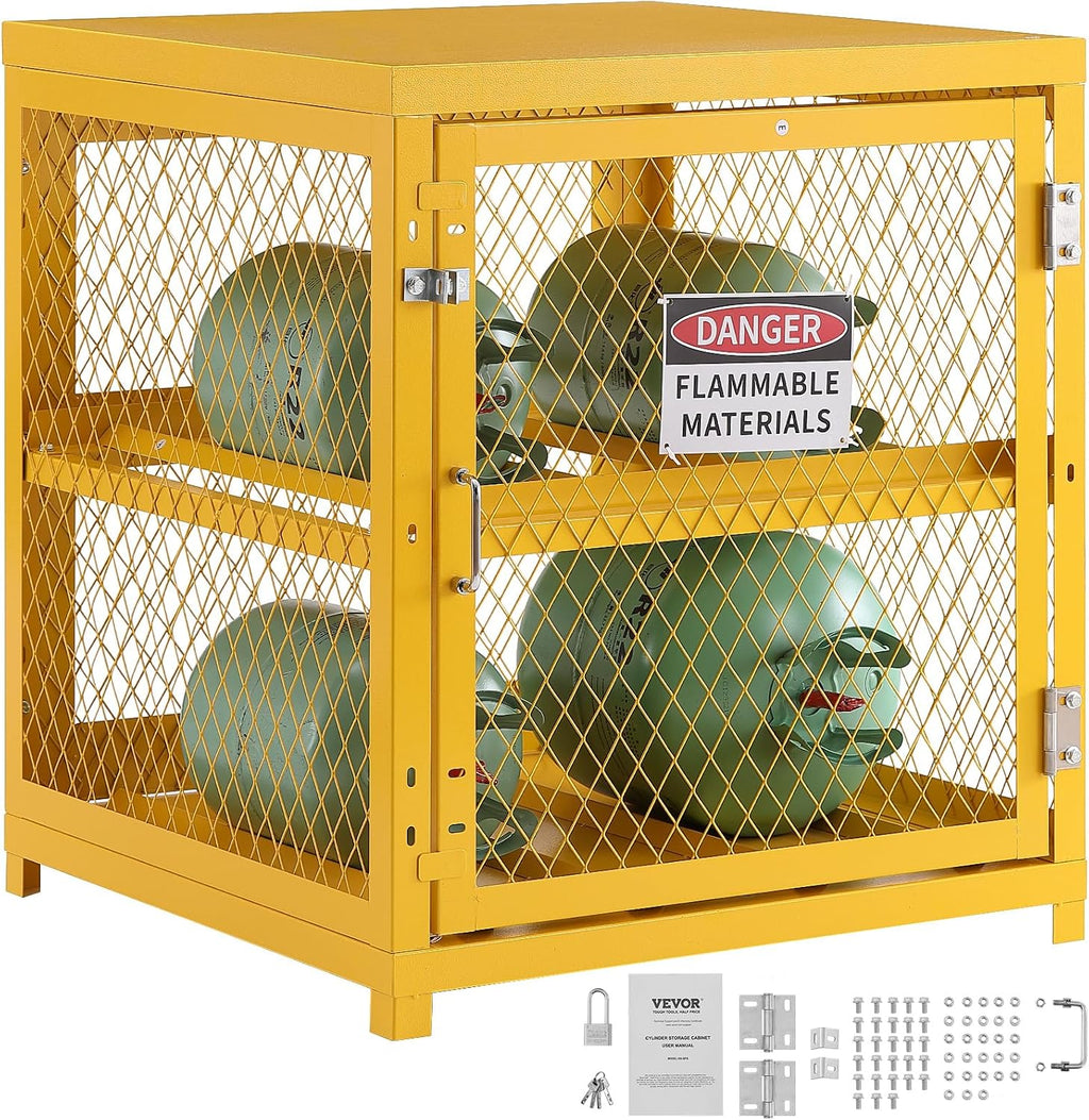 VEVOR Horizontal Cylinder Storage Cabinet, 4 x 33 lbs Cylinder Capacity, 31.02x30.04x35 inch Propane Storage Cage, Gas Cylinder Cabinet, Yellow Powder Coat Finish, for Freon, Gases, Oxygen, Nitrogen