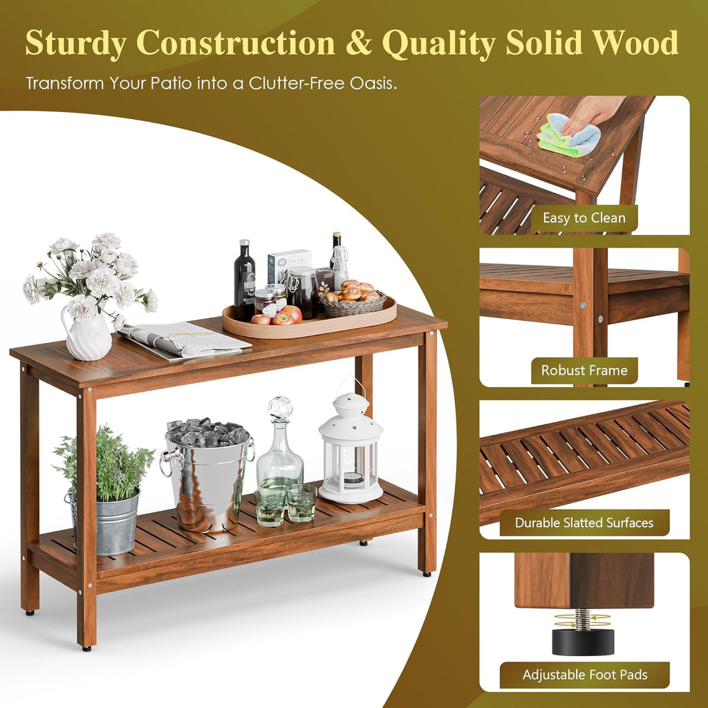SUPER DEAL 2-Tier Solid Wood Side Table, Outdoor Console Table with Storage Shelf, Adjustable Feet Buffet Bar Organizer for Patio Porch, All-Weather Natural