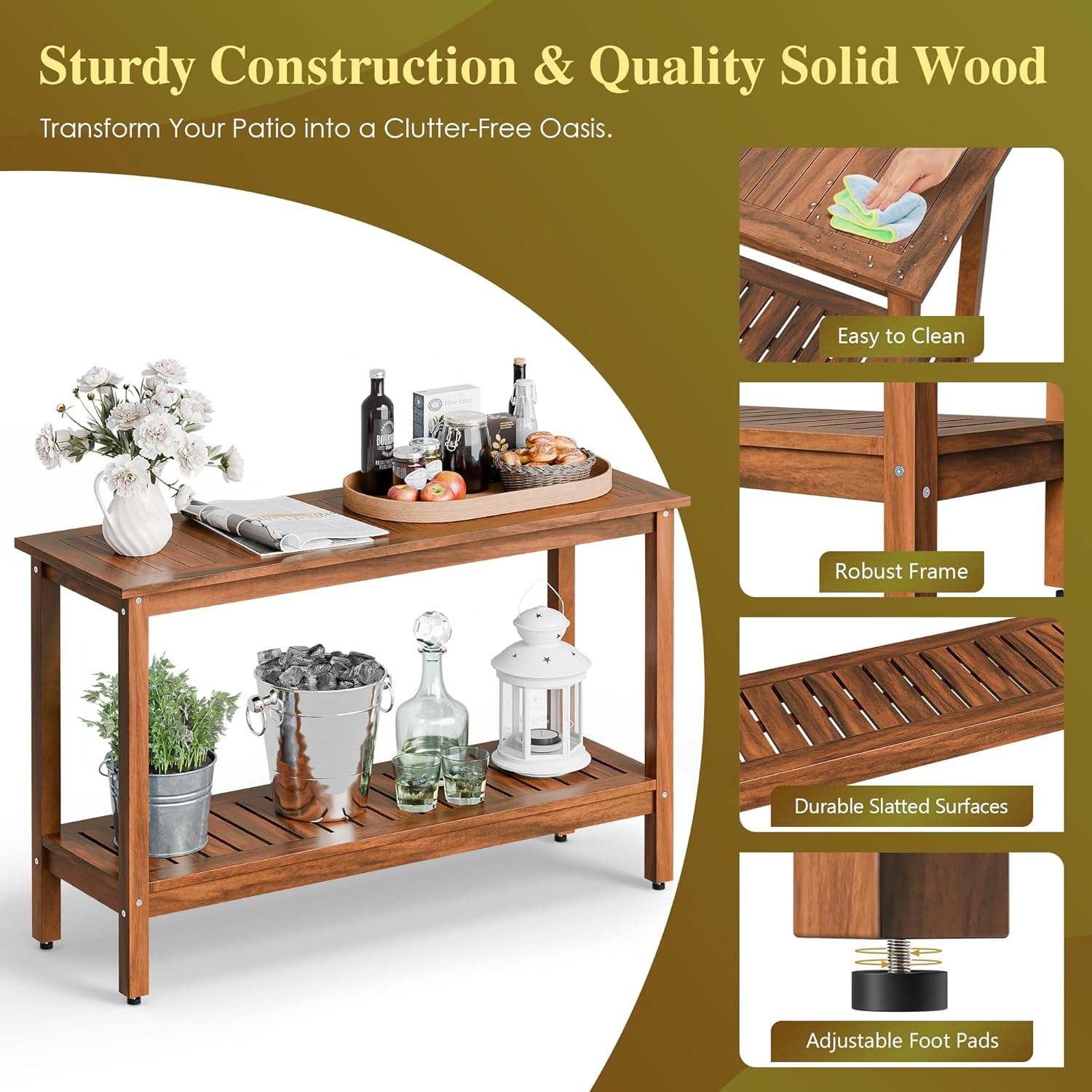 SUPER DEAL 2-Tier Solid Wood Side Table, Outdoor Console Table with Storage Shelf, Adjustable Feet Buffet Bar Organizer for Patio Porch, All-Weather Natural