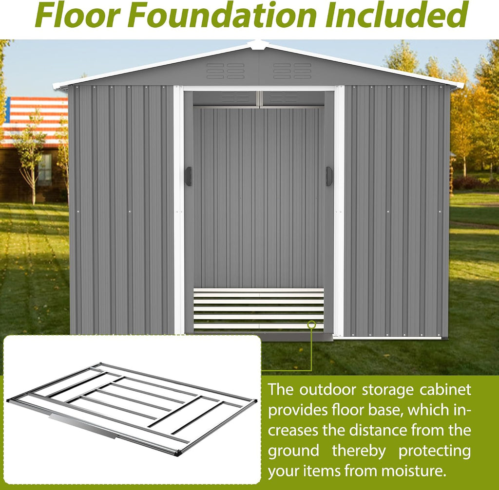 10x8 ft Outdoor Storage shed All Weather Metal Garden shed with Lockable Double Doors Tool Storage for Backyard Patio Lawn and Garden Organization Large Capacity (8x6 ft with Floor Frame)