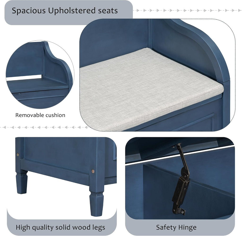 Bellemave Storage Bench with Safety Hinge Wooden Entryway Benches with Shoe Cabinets Under Seat Multifunctional Storage Bench for Entryway, Foyer or a Mudroom (Antique Navy+ Beige)