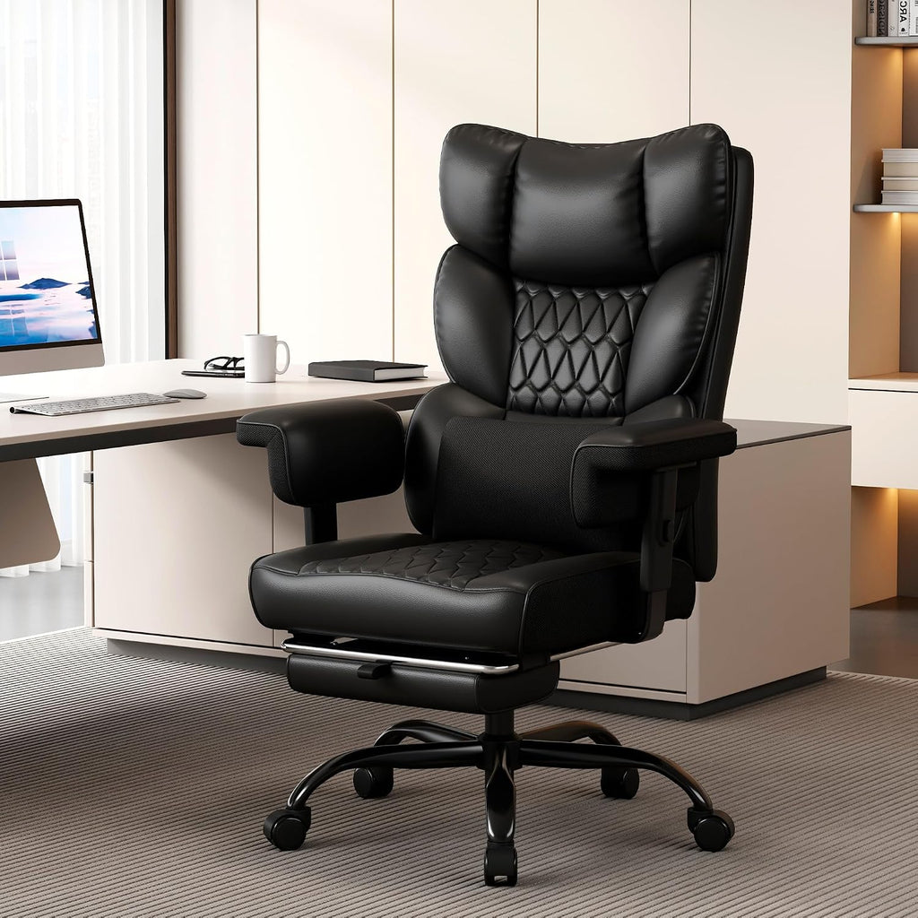 Misolant Big and Tall Office Chair with Footrest, High Back Executive Desk Chair with Adjustable Lift Armrest, 155°Recline，Lumbar Support Pillow, Faux Leather Gaming Chairs for Home or Office Black