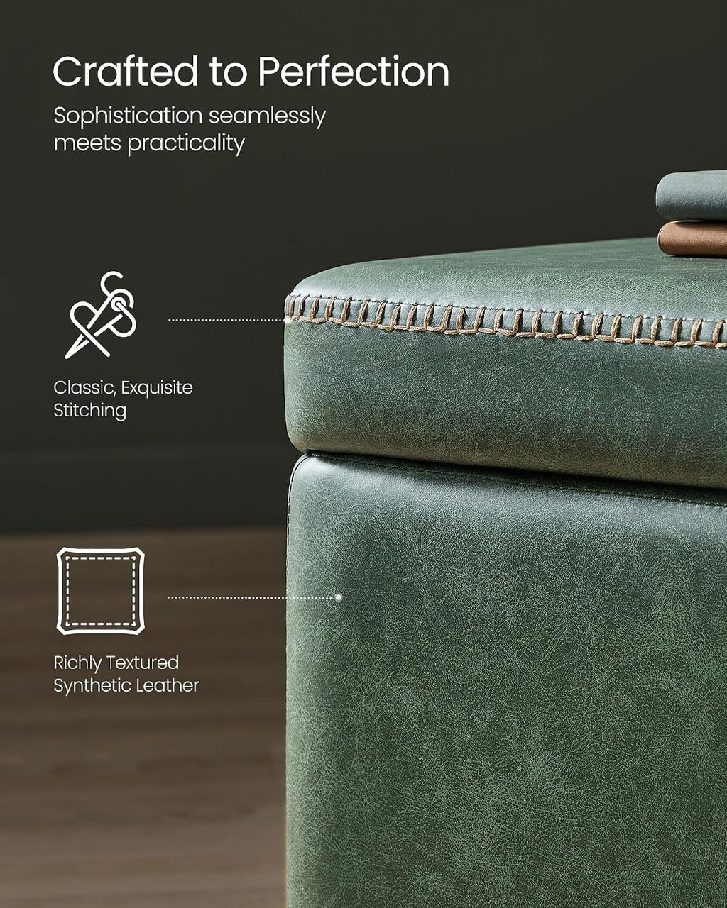 VASAGLE EKHO Collection - Storage Ottoman Bench, Entryway Bedroom Bench, 25 Gallons, Synthetic Leather with Stitching, Mid-Century Modern, Safety Hinges, Loads 660 lb, Forest Green ULOM075C01