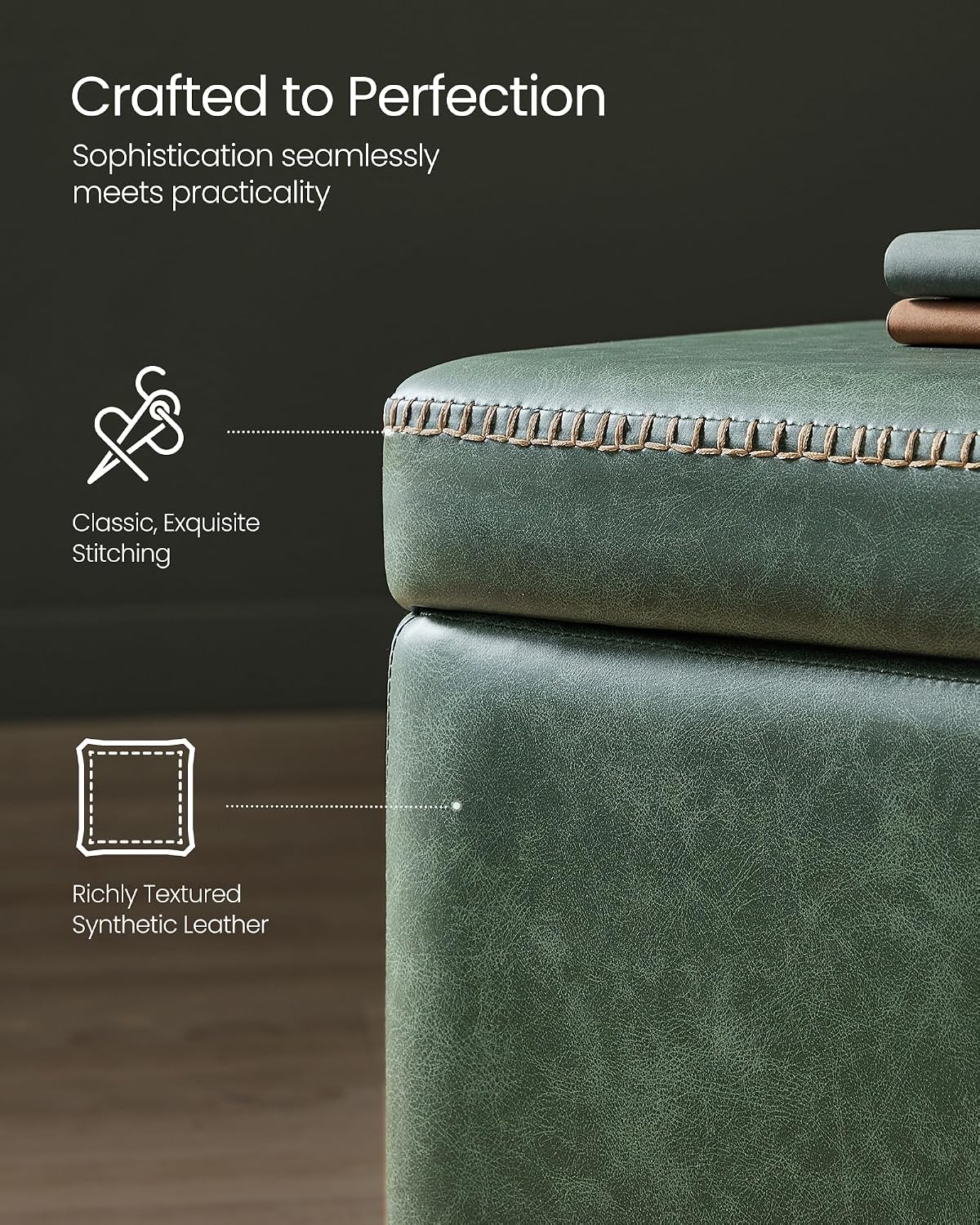 VASAGLE EKHO Collection - Storage Ottoman Bench, Entryway Bedroom Bench, 25 Gallons, Synthetic Leather with Stitching, Mid-Century Modern, Safety Hinges, Loads 660 lb, Forest Green ULOM075C01