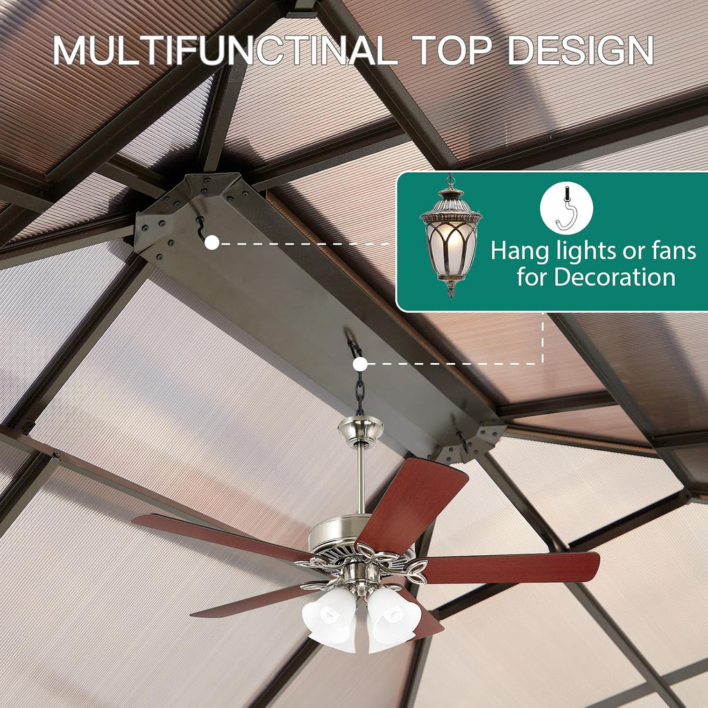 10'x10' Gazebo, Hardtop Outdoor Canopy Aluminum Frame Permanent Gazebo with Netting and Curtains, Polycarbonate Garden Tent for Patio, Lawn, Backyard, Deck
