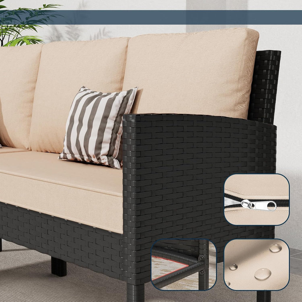 7-Piece Outdoor Patio Furniture Set, Wicker Sectional Sofa with Seat & Back Cushions & 3 Pillows, All-Weather Conversation Set with Long Glass Coffee Table for Garden, Porch, Lawn, Khaki