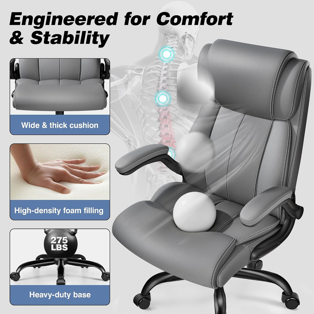BESTFAIR Ergonomic Office Chair - Desk Computer Chair, Leather High Back Executive Chairs with Adjustable Lumbar Support for Adults, Rolling Swivel Tilt, Gray